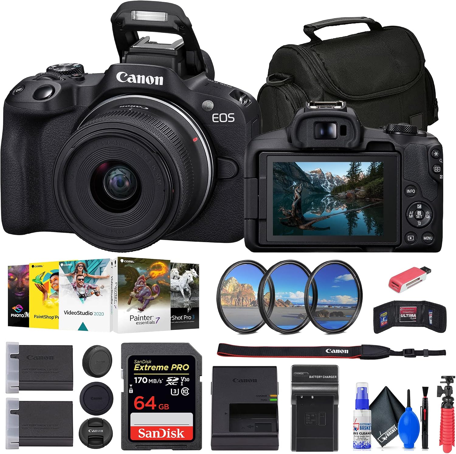 Canon EOS R50 Mirrorless Camera with 18-45mm Lens (Black) (5811C012) + 64GB Card + Filter Kit + Corel Photo Software + Bag + Charger + LPE17 Battery + Card Reader + Flexible Tripod + More (Renewed)