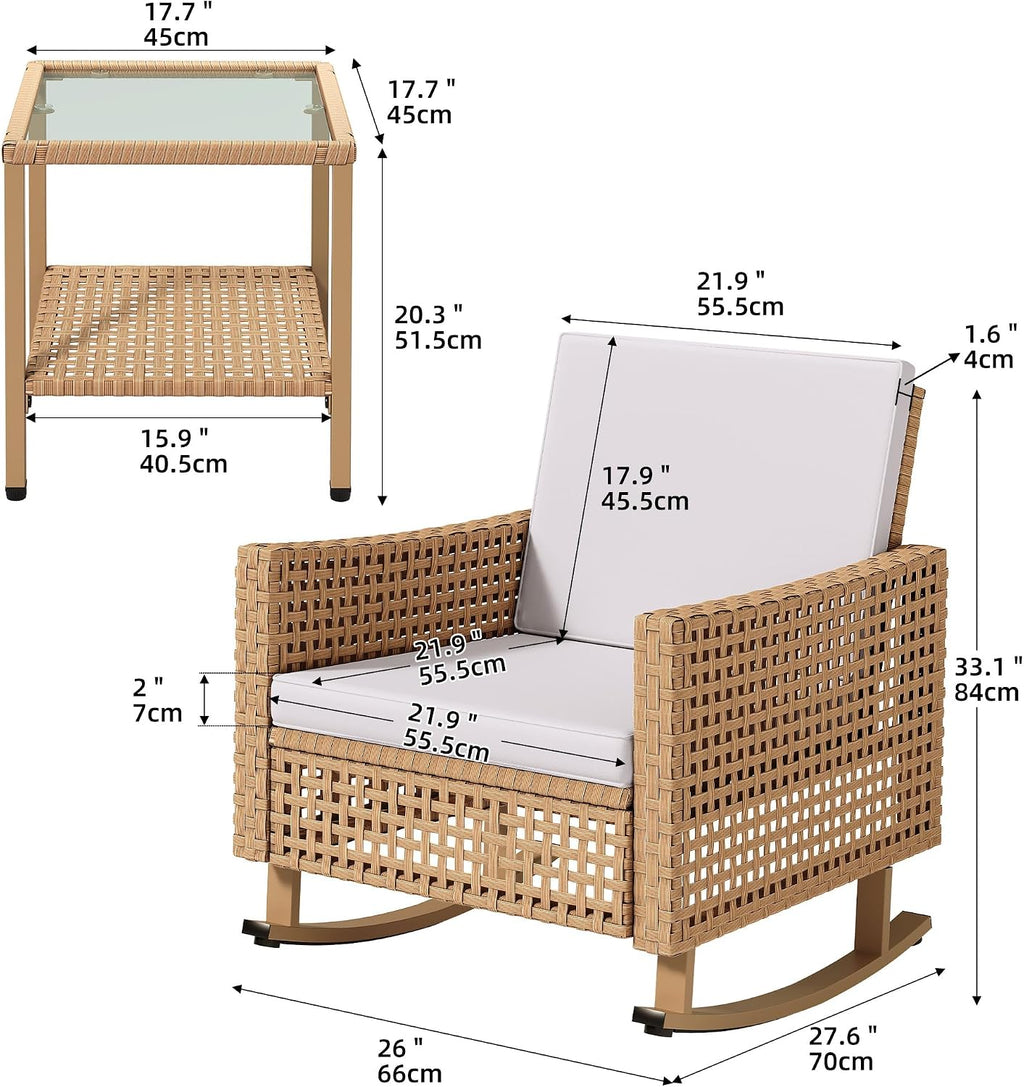 YITAHOME 3 Pieces Patio Wicker Rocking Chair Set, Outdoor Patio Furniture Set with Rattan Side Table, Thickened Cushions, Rocker Patio Chairs Set for Porch, Poolside, and Yard, Beige