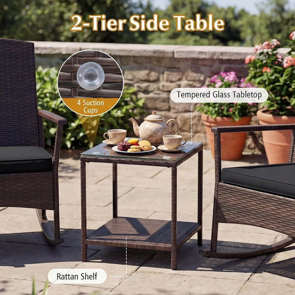 Tangkula 3 Pieces Rocking Wicker Bistro Set, Outdoor Front Porch Rocker Chairs Conversation Set with 2-Tier Tempered Glass Coffee Table and Thick Cushions for Garden, Balcony, Poolside (Black)