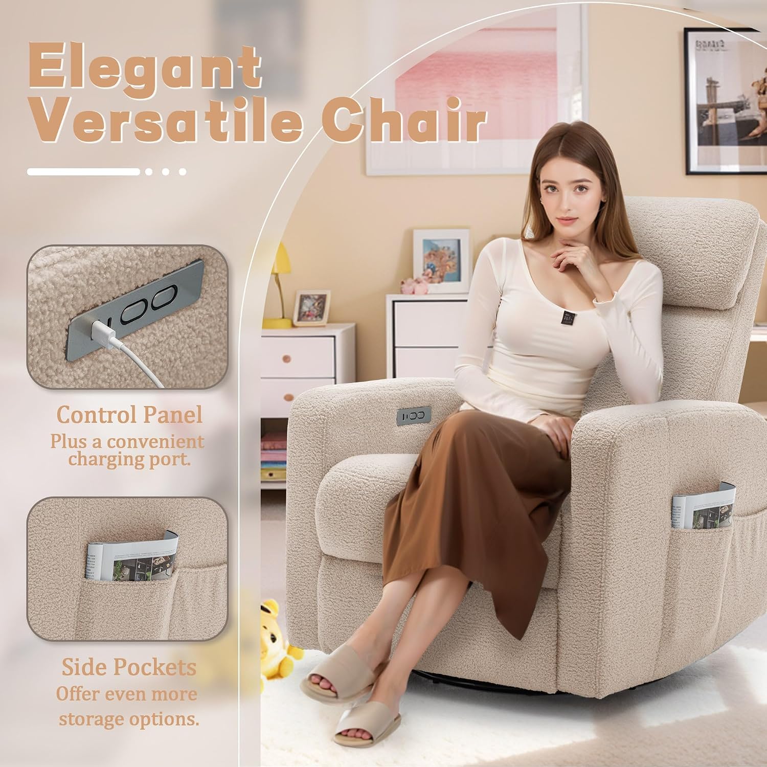 Korser Power Swivel Recliner Chairs for Adults, Electric Glider Rocking Chair Nursery, Glider Recliner Nursery Chair with Classified Side Pocket, Nursery Rocking Chairs with USB and Type-C Ports