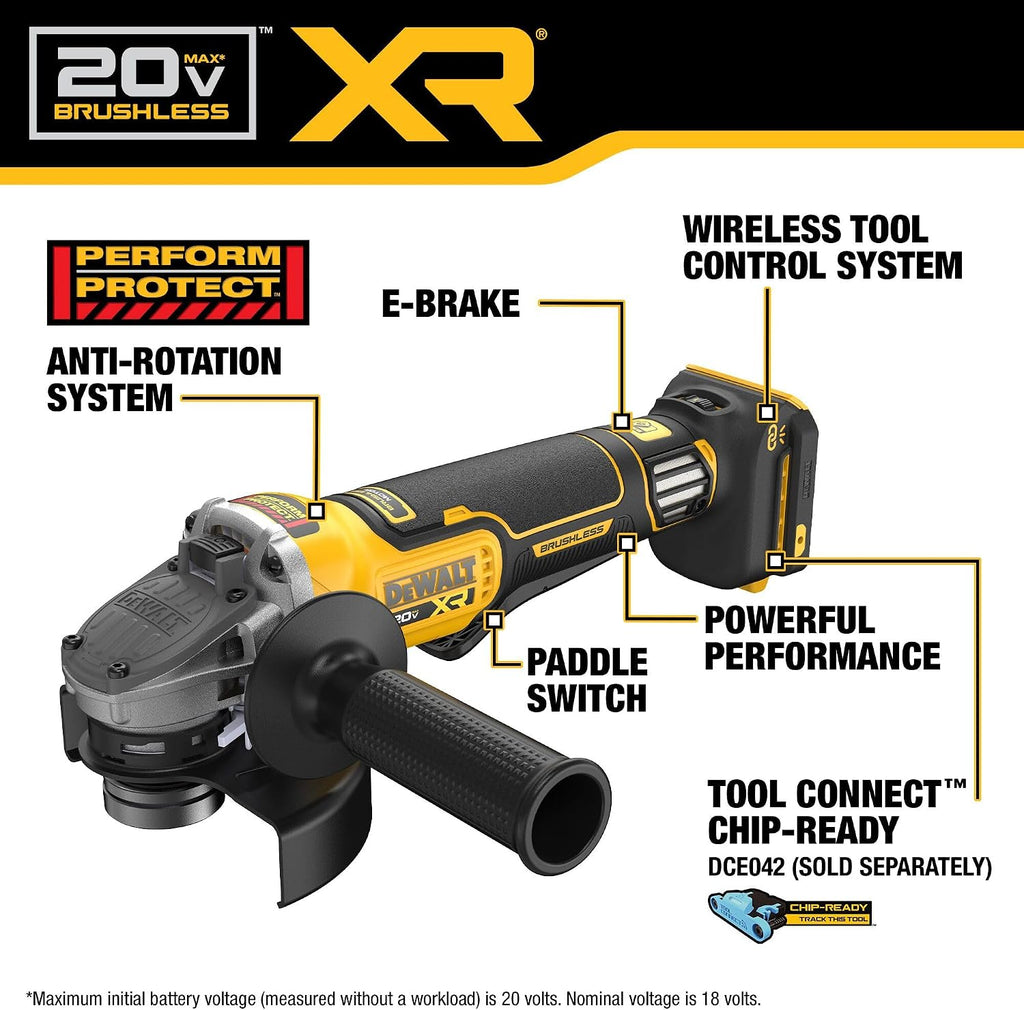 DEWALT 20V MAX* XR Brushless Cordless 4-1/2 in. - 5 in. Variable Speed Paddle Switch Grinder (Tool Only) (DCG410VSB)