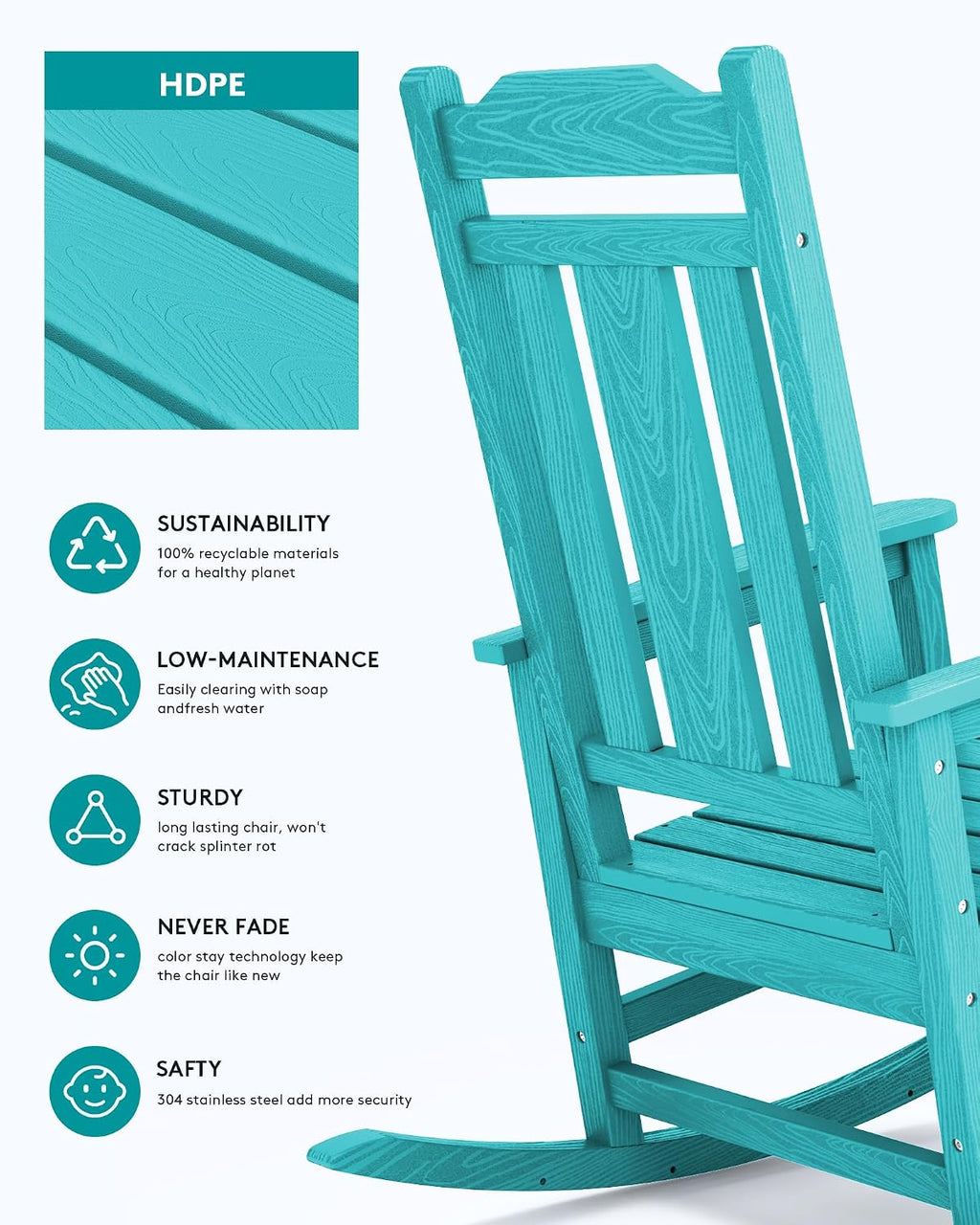 SERWALL Oversized Rocking Chair Outdoor, HDPE Outdoor Rocking Chair, Aruba