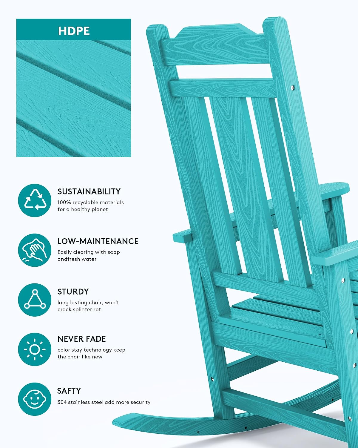 SERWALL Oversized Rocking Chair Outdoor, HDPE Outdoor Rocking Chair, Aruba