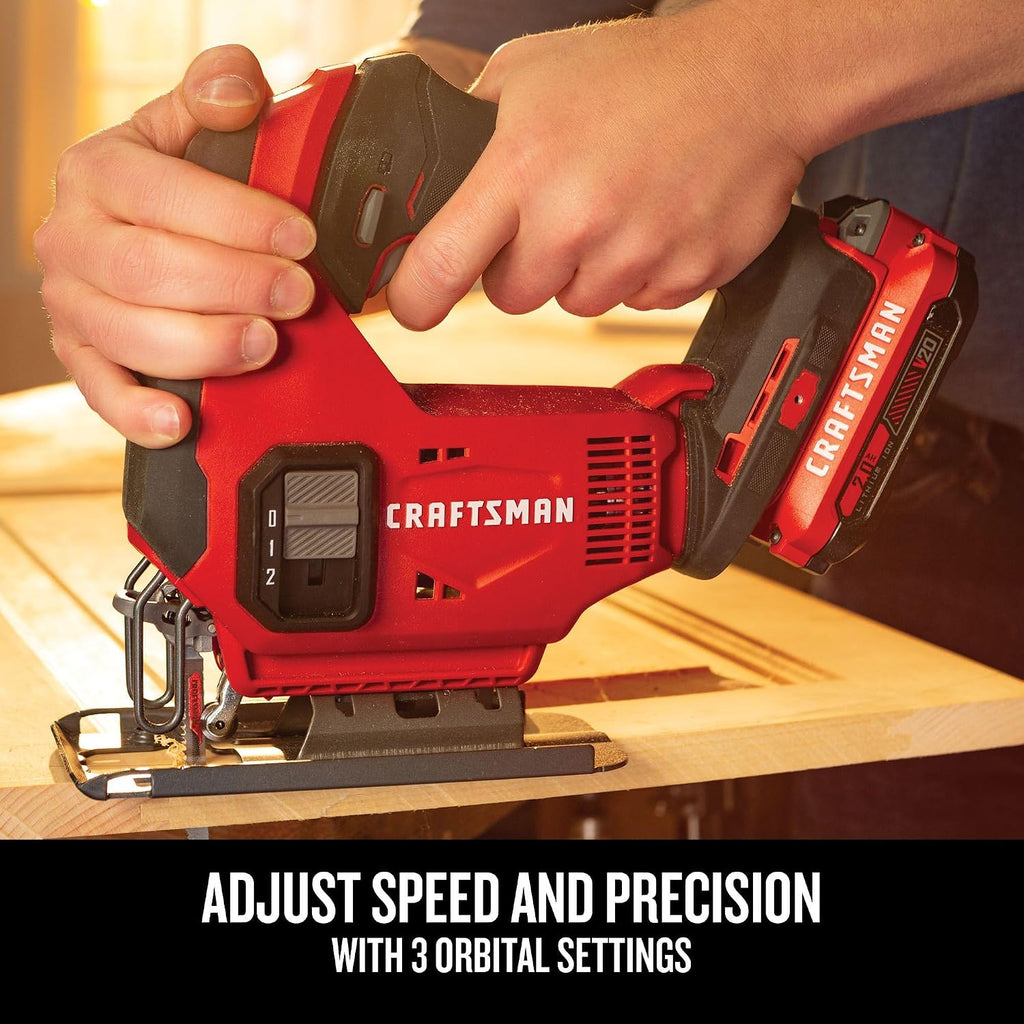 CRAFTSMAN V20 Cordless Jig Saw Kit, 3 Orbital Settings, Up to 2,500 SPM, Battery and Charger Included (CMCS600D1)
