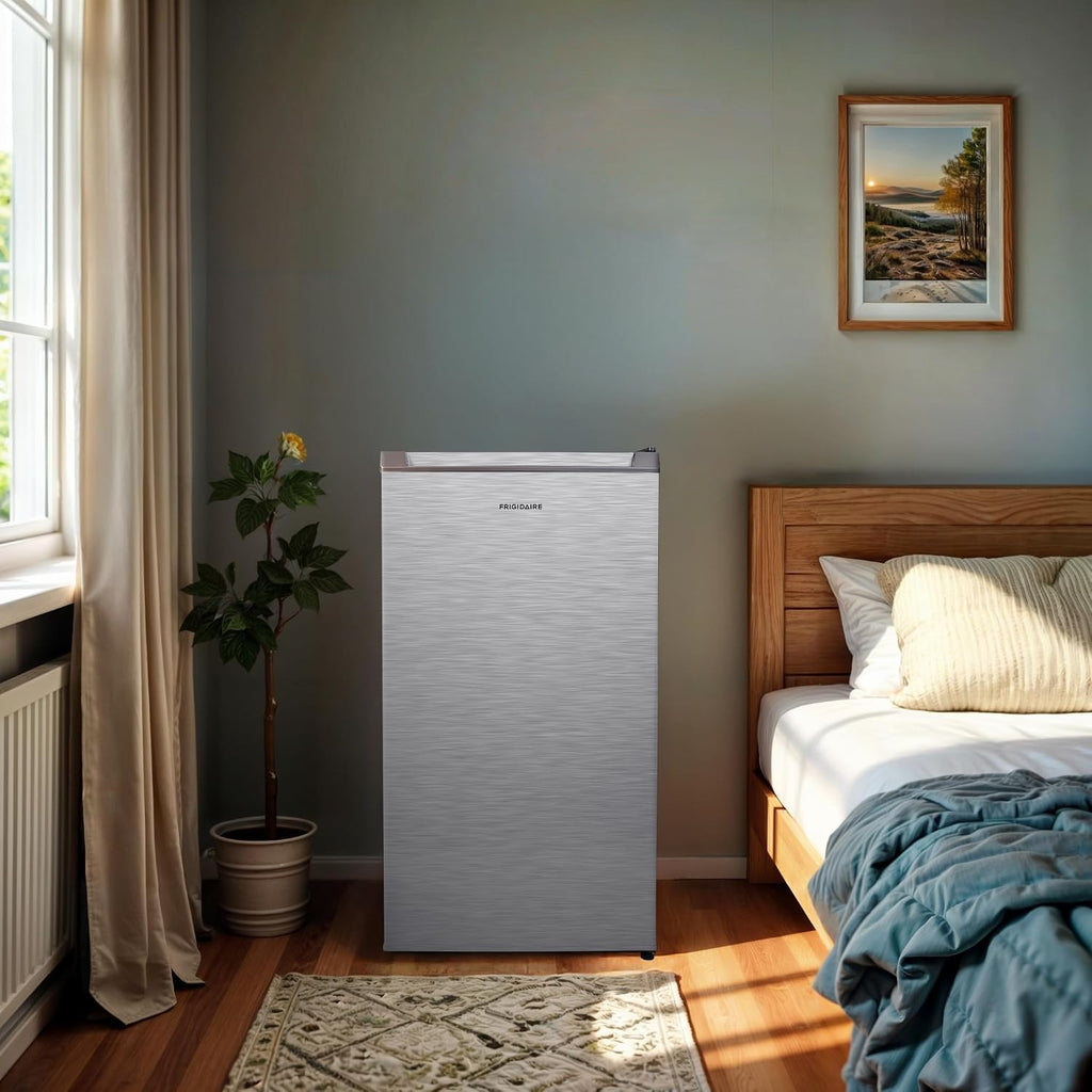 Frigidaire Mini Refrigerator, Compact Freezer Compartment, Adjustable Thermostat Control, Reversible Door, Contemporary Series, 3.2 cu ft, Platinum