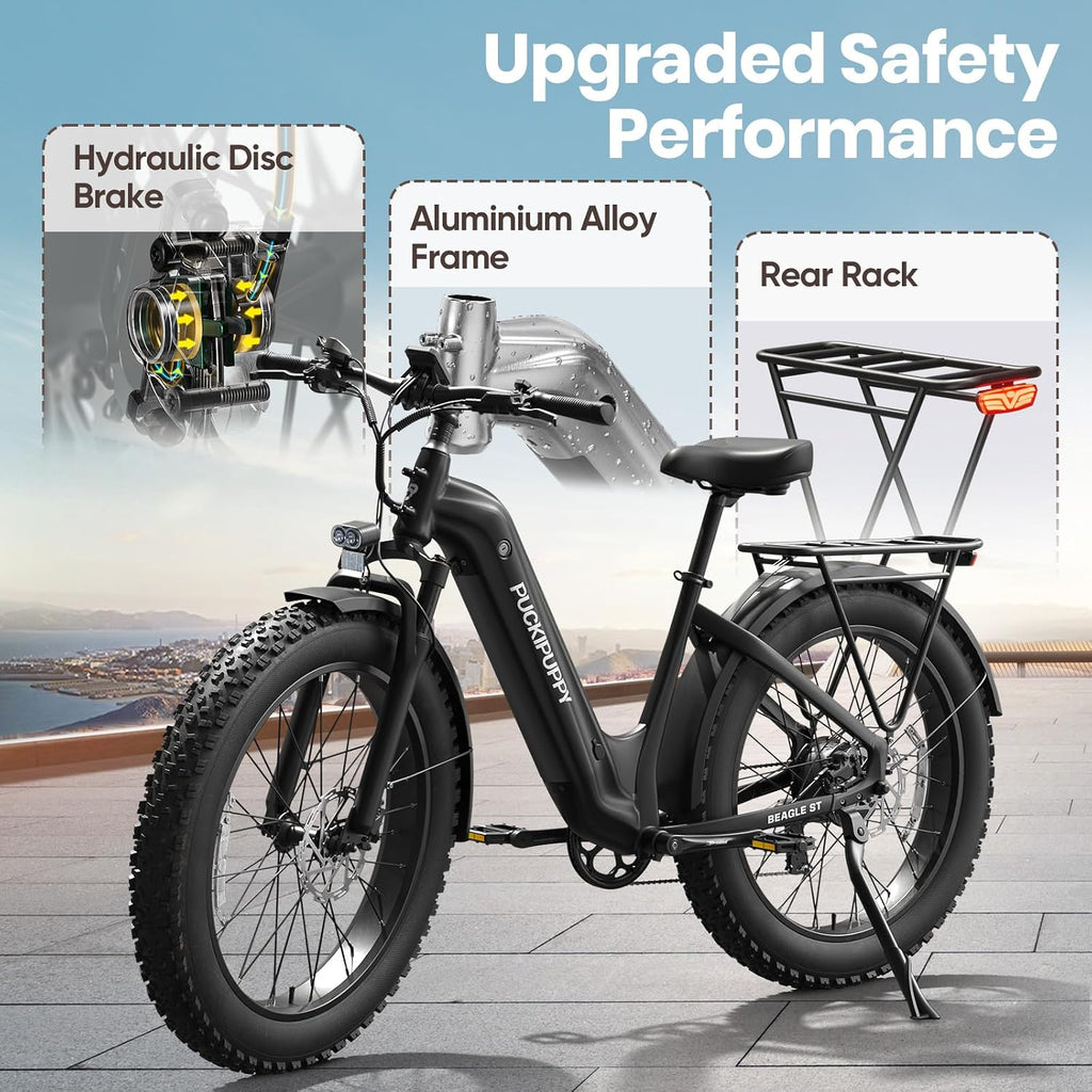 PUCKIPUPPY Electric Bike for Adults 500W, Step-Through Design, 26' Fat Tire Electric Mountain Hunting Bike, 48V 15AH Max 20MPH Off-Road Ebike with Rear Storage Shelf