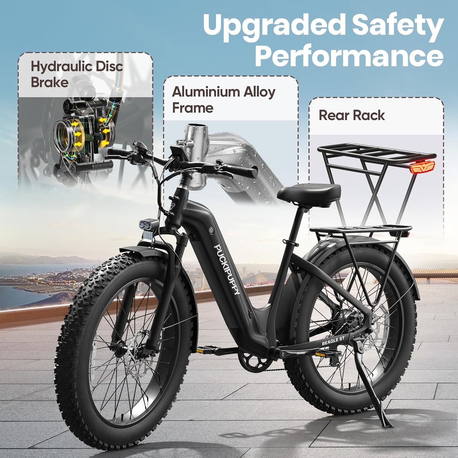 PUCKIPUPPY Electric Bike for Adults 500W, Step-Through Design, 26' Fat Tire Electric Mountain Hunting Bike, 48V 15AH Max 20MPH Off-Road Ebike with Rear Storage Shelf