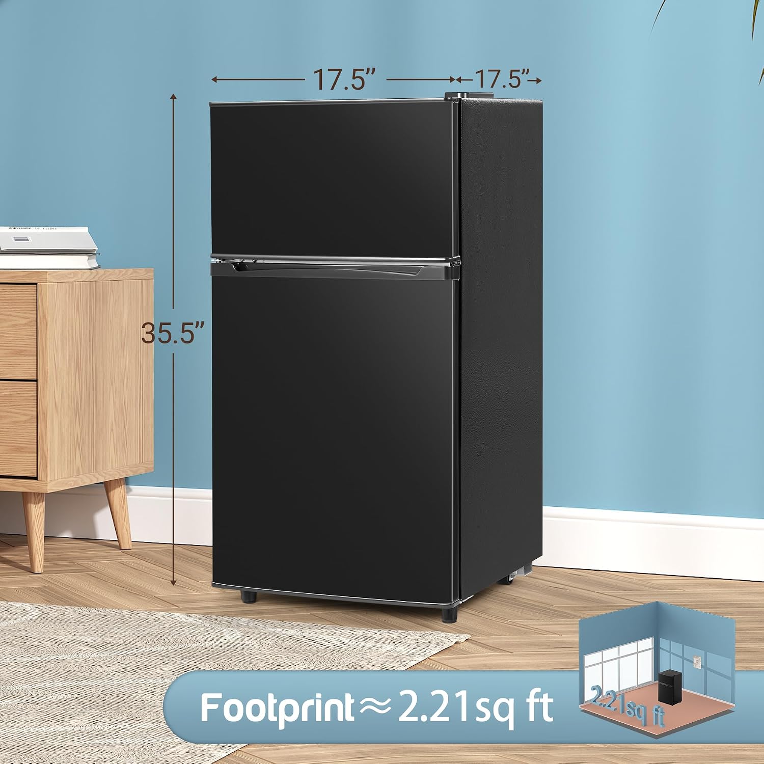Tehanld Double Door Refrigerator with Freezer, 3.5 Cu.Ft, Small Fridge with Freezer, 7 Settings Temperature Adjustable, Mini Refrigerator for Office and Apartment Bedroom Dorm(3.5 Cu.Ft, Black)