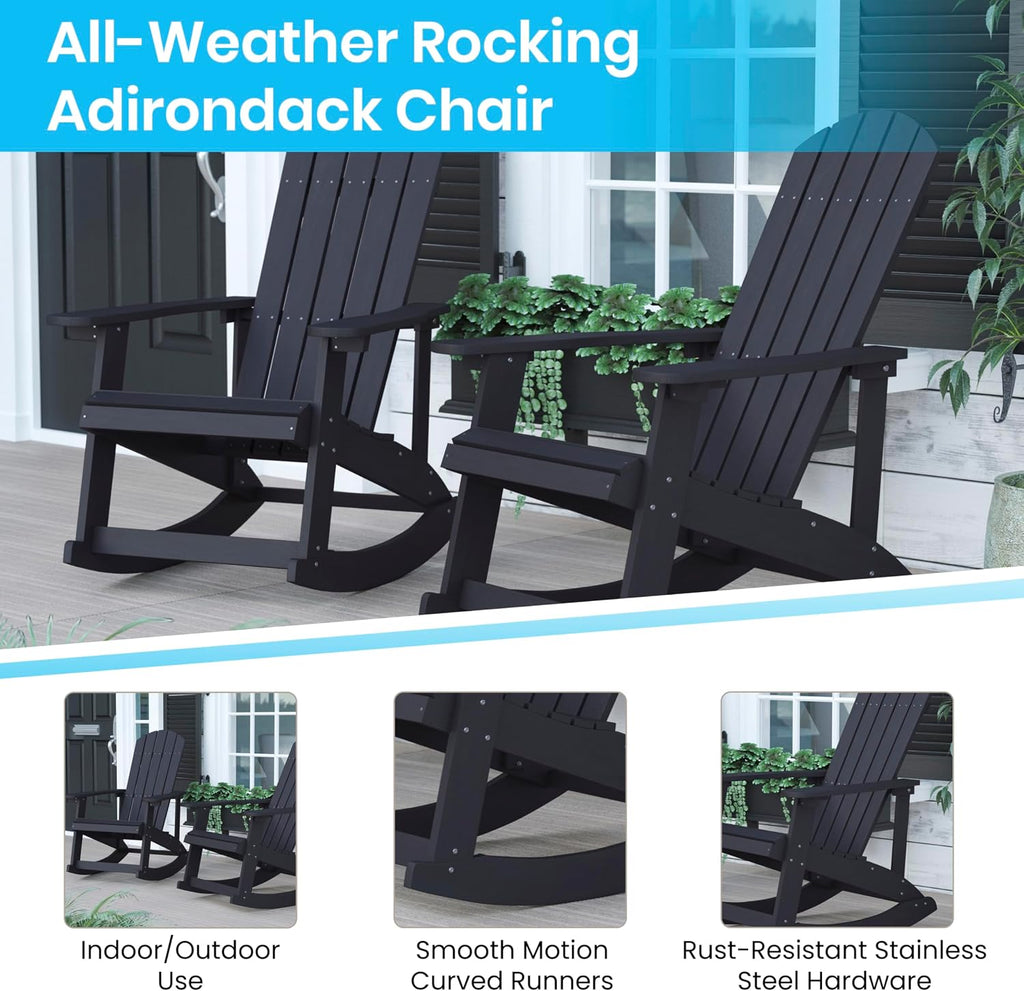 Flash Furniture Savannah Poly Resin Wood Adirondack Rocking Chair - All Weather Black Polystyrene - Stainless Steel Hardware - Set of 2