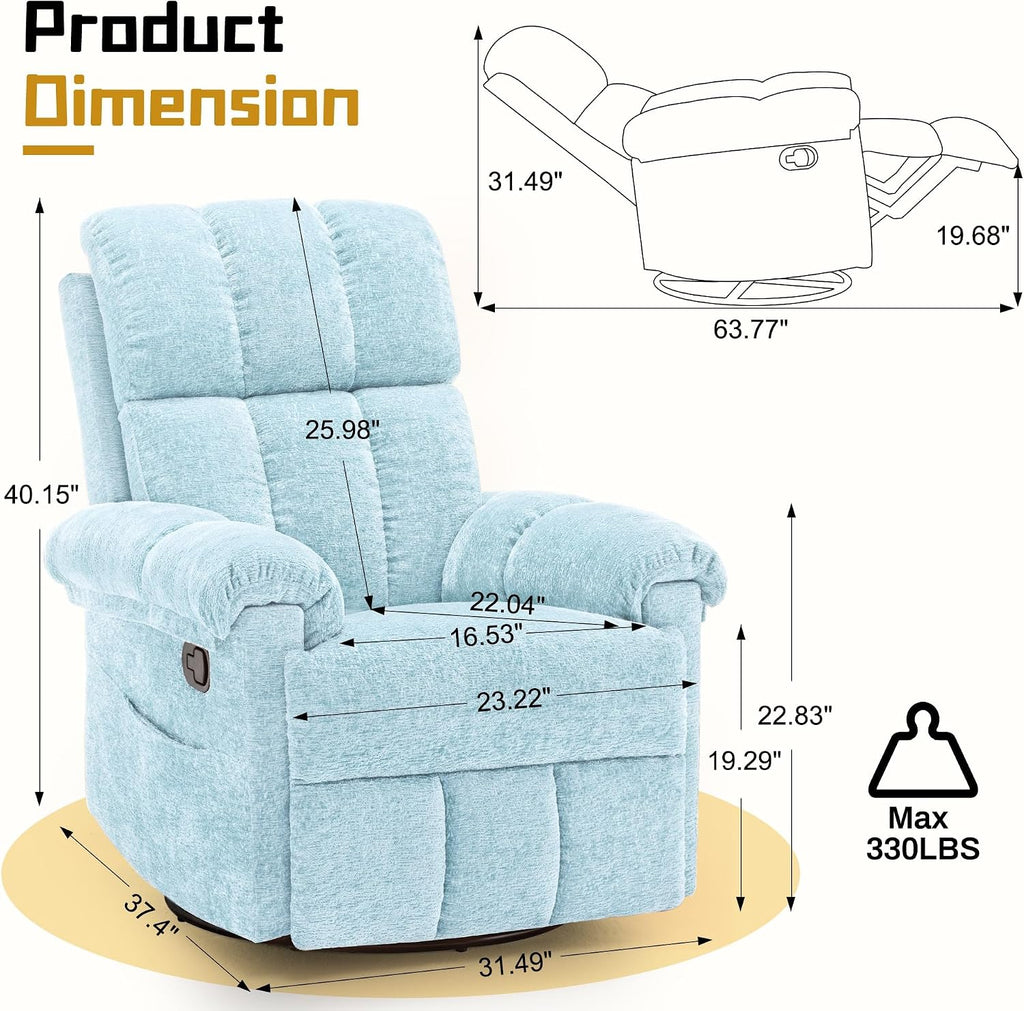 Korser Recliner Chair, Swivel Rocker Recliner Chair for Adults, Small Recliners for Small Spaces, Manual Recliner with Side Pockets, Upholstered Nursery Rocking Chair for Living Room, Chenille, Blue