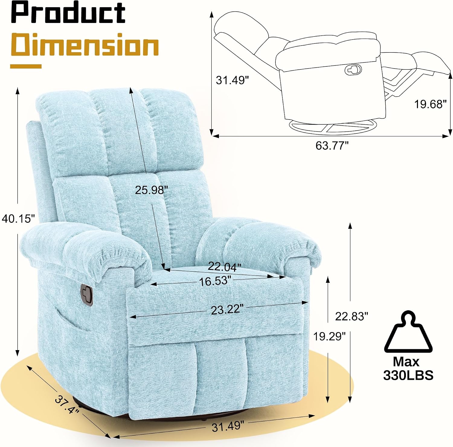 Korser Recliner Chair, Swivel Rocker Recliner Chair for Adults, Small Recliners for Small Spaces, Manual Recliner with Side Pockets, Upholstered Nursery Rocking Chair for Living Room, Chenille, Blue