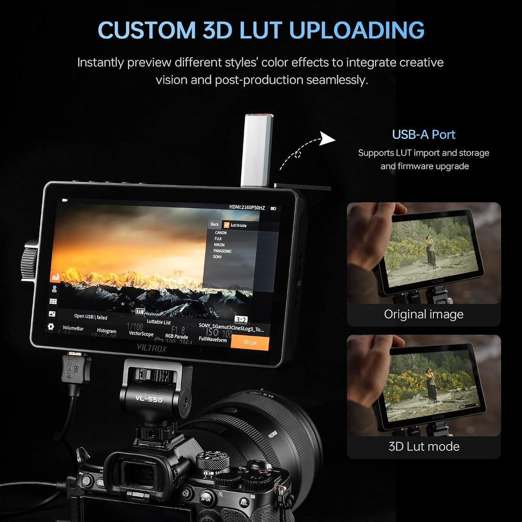 VILTROX DC-A1 2800Nits Camera Field Monitor Touchscreen with 7' Full HD1920x1080 IPS 4K HDMI Loop in/Out,3D LUTs Waveform Video Peaking Focus Assist, 170° Wide View Angle, Sunshade Hood & Battery