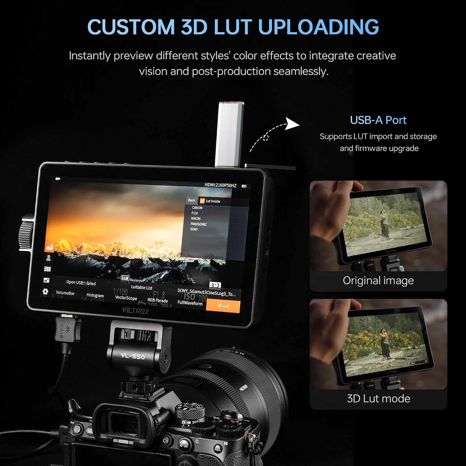 VILTROX DC-A1 2800Nits Camera Field Monitor Touchscreen with 7' Full HD1920x1080 IPS 4K HDMI Loop in/Out,3D LUTs Waveform Video Peaking Focus Assist, 170° Wide View Angle, Sunshade Hood & Battery