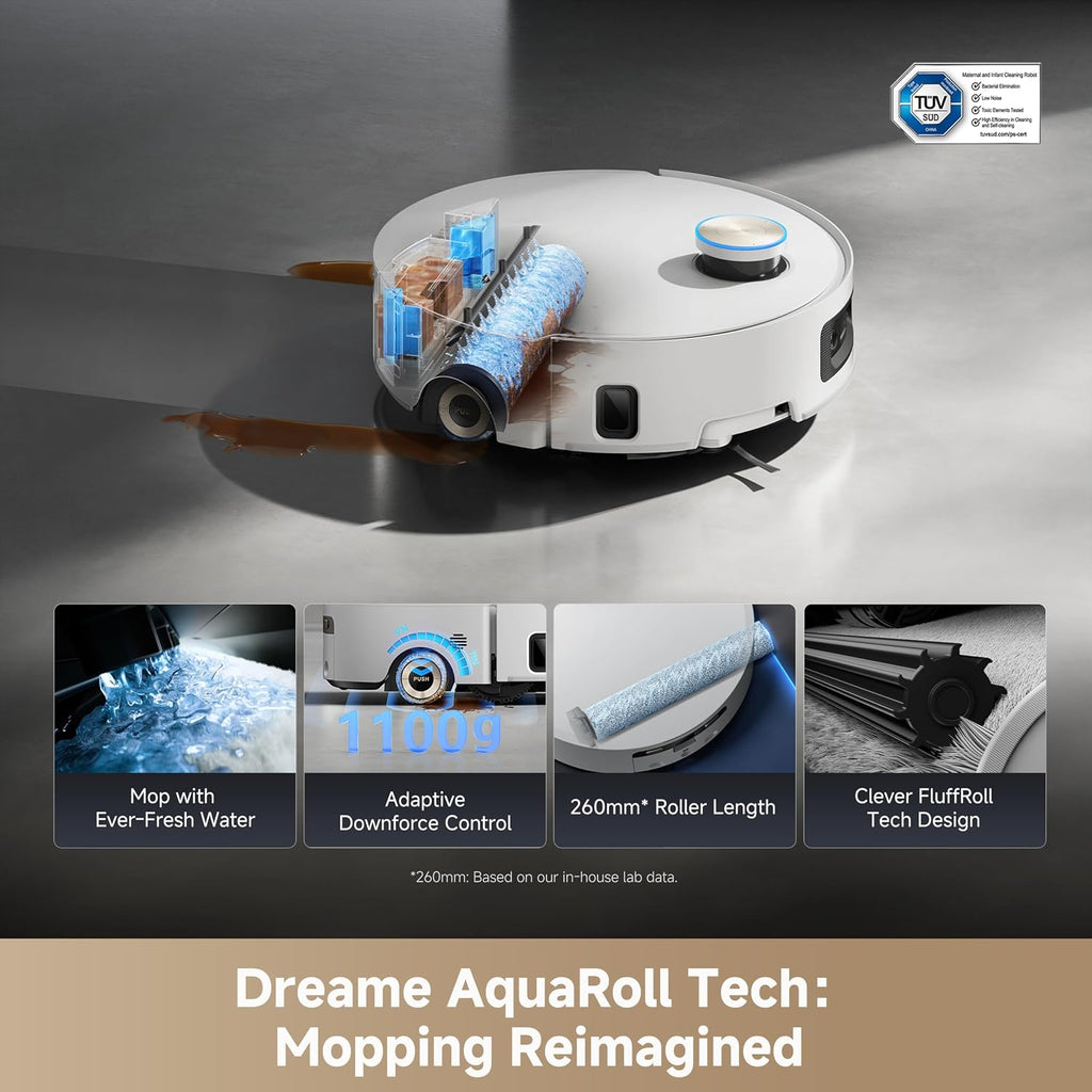 DREAME Aqua10 Ultra Roller Complete Robot Vacuum and Mop & 30,000Pa Suction, Self-Cleaning Dock & Extending Roller Mop, Heat-Washes & Dries, Carpet Protection, AI Camera & LiDAR Avoidance Tech