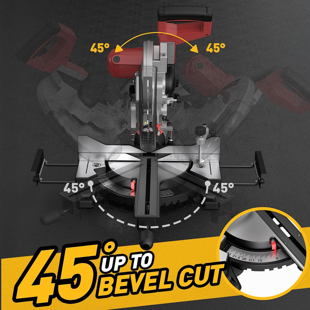 12-Inch Dual-Bevel Sliding Compound Miter Saw, 3800RPM, 15 Amp, Dual Bevel 0-45° with Extension Table, 36T Blade, Power Saw for Metal, Plastic, Wood, Laminates