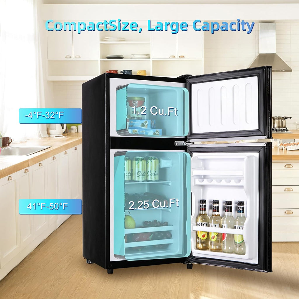 Dorm Fridge with Freezer, Small Refrigerator 3.45 Cu. Ft. with Freezer for Apartment, 7-Level Temperature Adjustable Apartment Size Fridge for Kichen, College, Office, Black