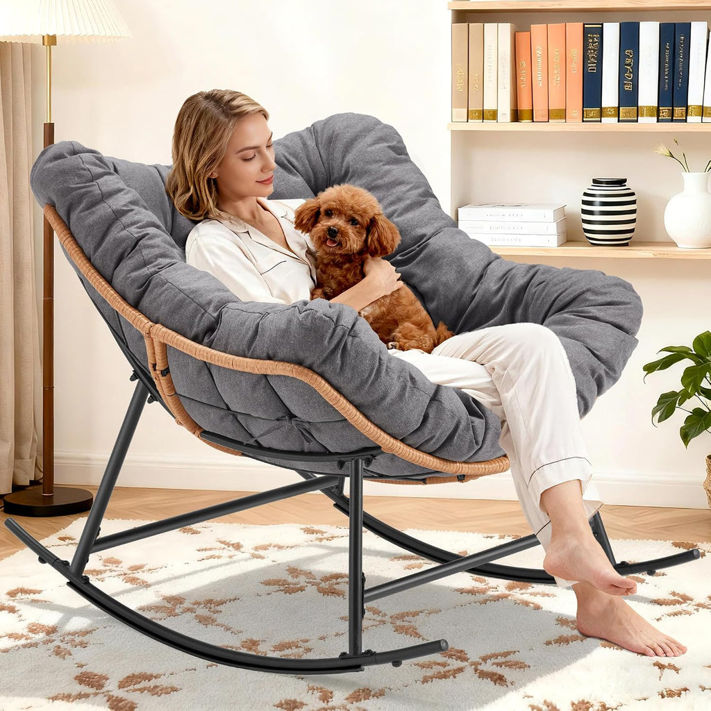 Youtanic Outdoor Rocking Chair, Oversized Papasan Reading Chair Indoor with Thick Cushion, Comfy Rattan Rocker Egg Chair for Patio, Garden, Balcony, Lawn, Backyard, Bedroom, up to 450lbs, Dark Gray