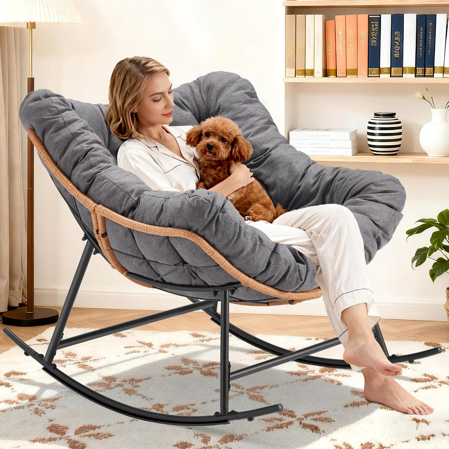 Youtanic Outdoor Rocking Chair, Oversized Papasan Reading Chair Indoor with Thick Cushion, Comfy Rattan Rocker Egg Chair for Patio, Garden, Balcony, Lawn, Backyard, Bedroom, up to 450lbs, Dark Gray