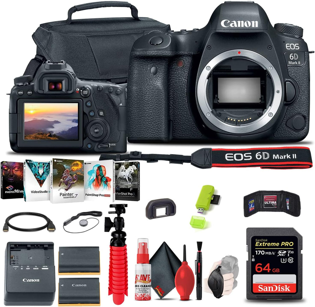 Canon EOS 6D Mark II DSLR Camera (Body Only) (1897C002) + 64GB Memory Card + Case + Photo Software + LPE6 Battery + Card Reader + Flex Tripod + HDMI Cable + Hand Strap + More