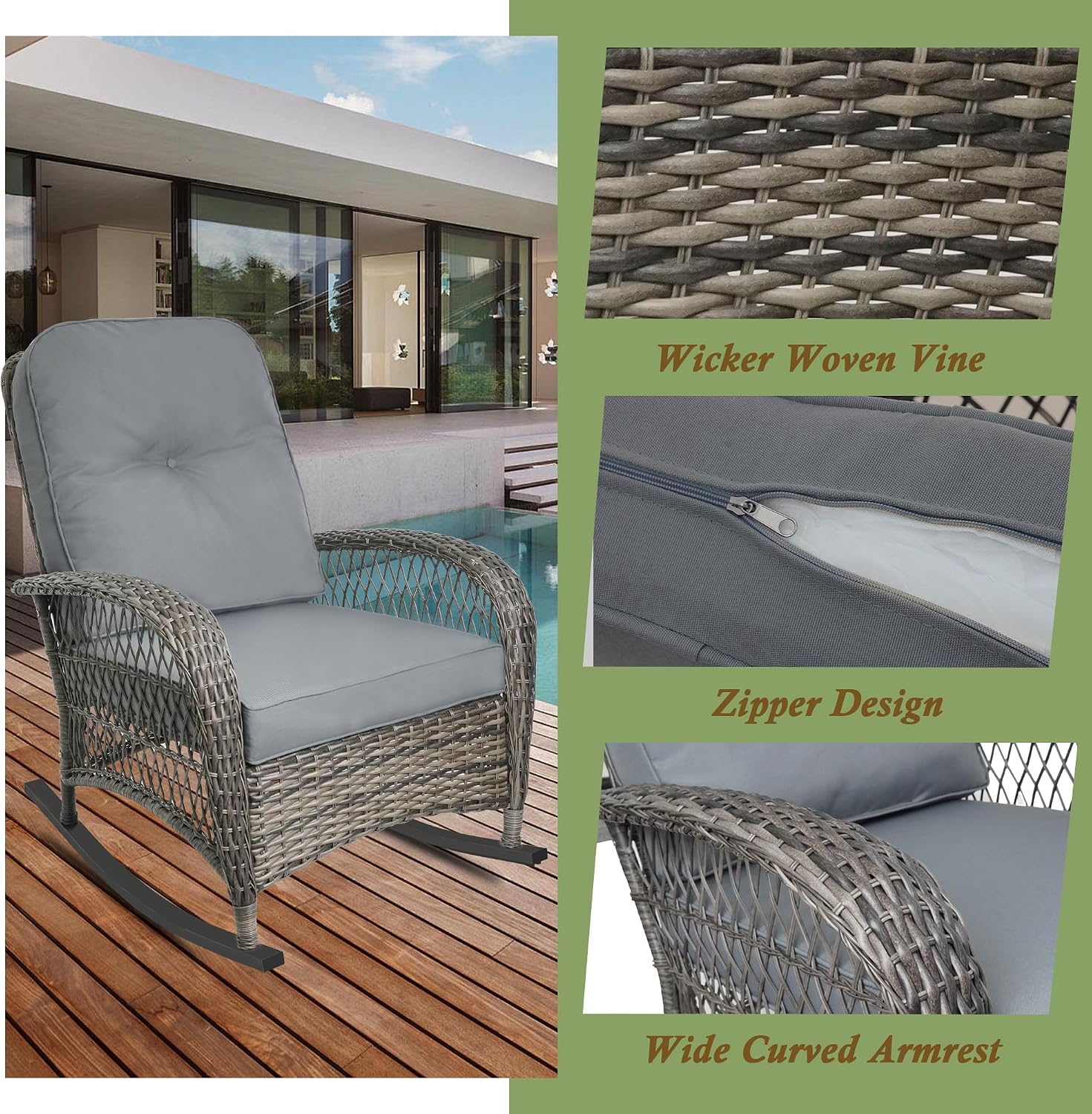 Outdoor Wicker Rocking Chair, All Weather Resin Rattan Wicker Rocking Chairs, for Garden Backyard Lown Porch,1pc,Grey