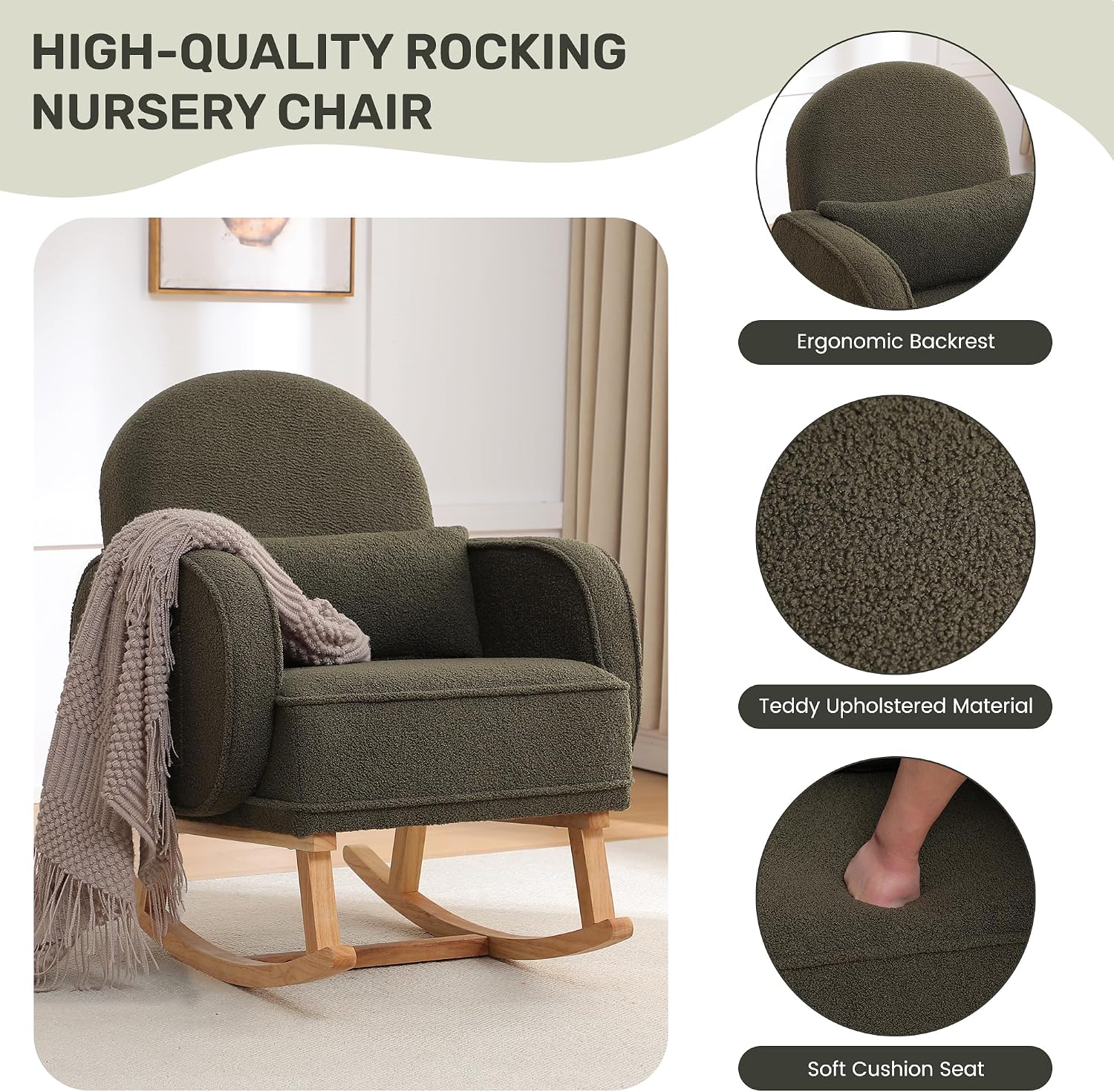 HCHAIRH Rocking Chair with Ottoman, Upholstered Glider Rocker with High Backrest and Side Pocket, Rocking Accent Armchair with Solid Wood Legs for Nursery/Living Room/Bedroom Green