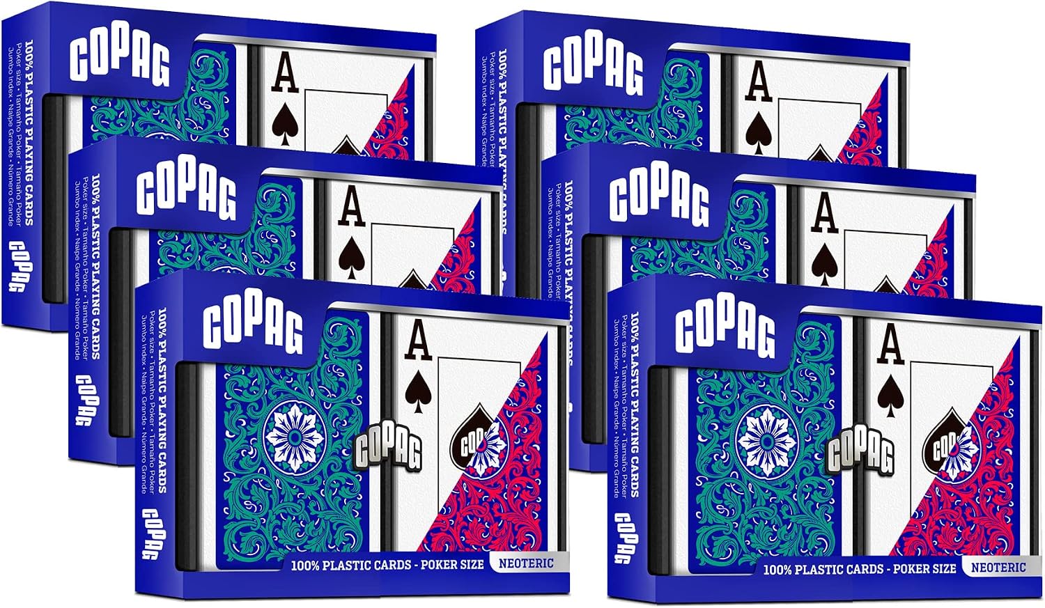 Copag 1546 Neoteric Design 100% Plastic Playing Cards, Poker Size (Standard) Green/Red (Jumbo Index, 6 Set)