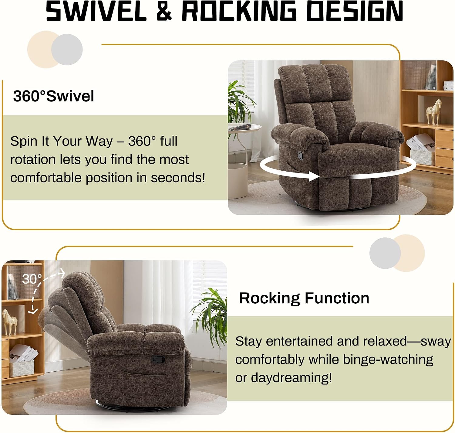 Korser Recliner Chair, Swivel Rocker Recliner Chair for Adults, Small Recliners for Small Spaces, Upholstered Manual Recliner with Side Pockets, Nursery Rocking Chair for Living Room, Chenille, Brown