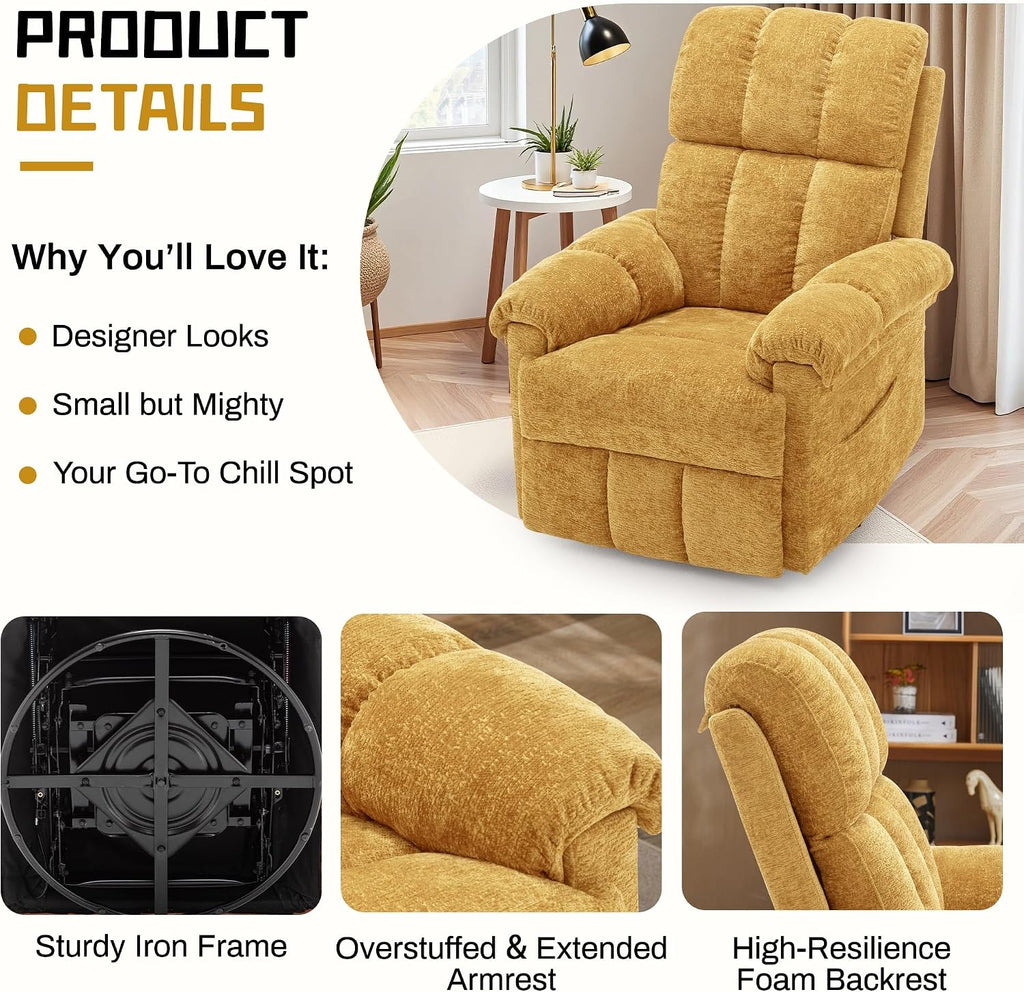 Korser Recliner Chair, Swivel Rocker Recliner Chair for Adults, Small Recliners for Small Spaces, Upholstered Manual Recliner with Side Pockets, Nursery Rocking Chair for Living Room, Chenille, Yellow
