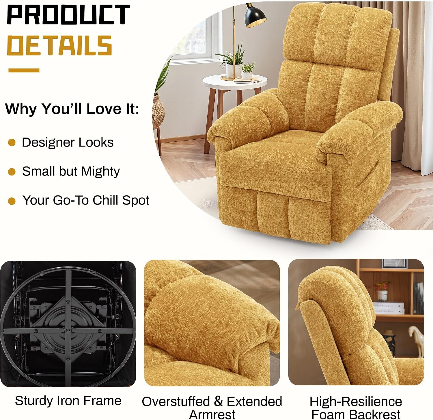Korser Recliner Chair, Swivel Rocker Recliner Chair for Adults, Small Recliners for Small Spaces, Upholstered Manual Recliner with Side Pockets, Nursery Rocking Chair for Living Room, Chenille, Yellow