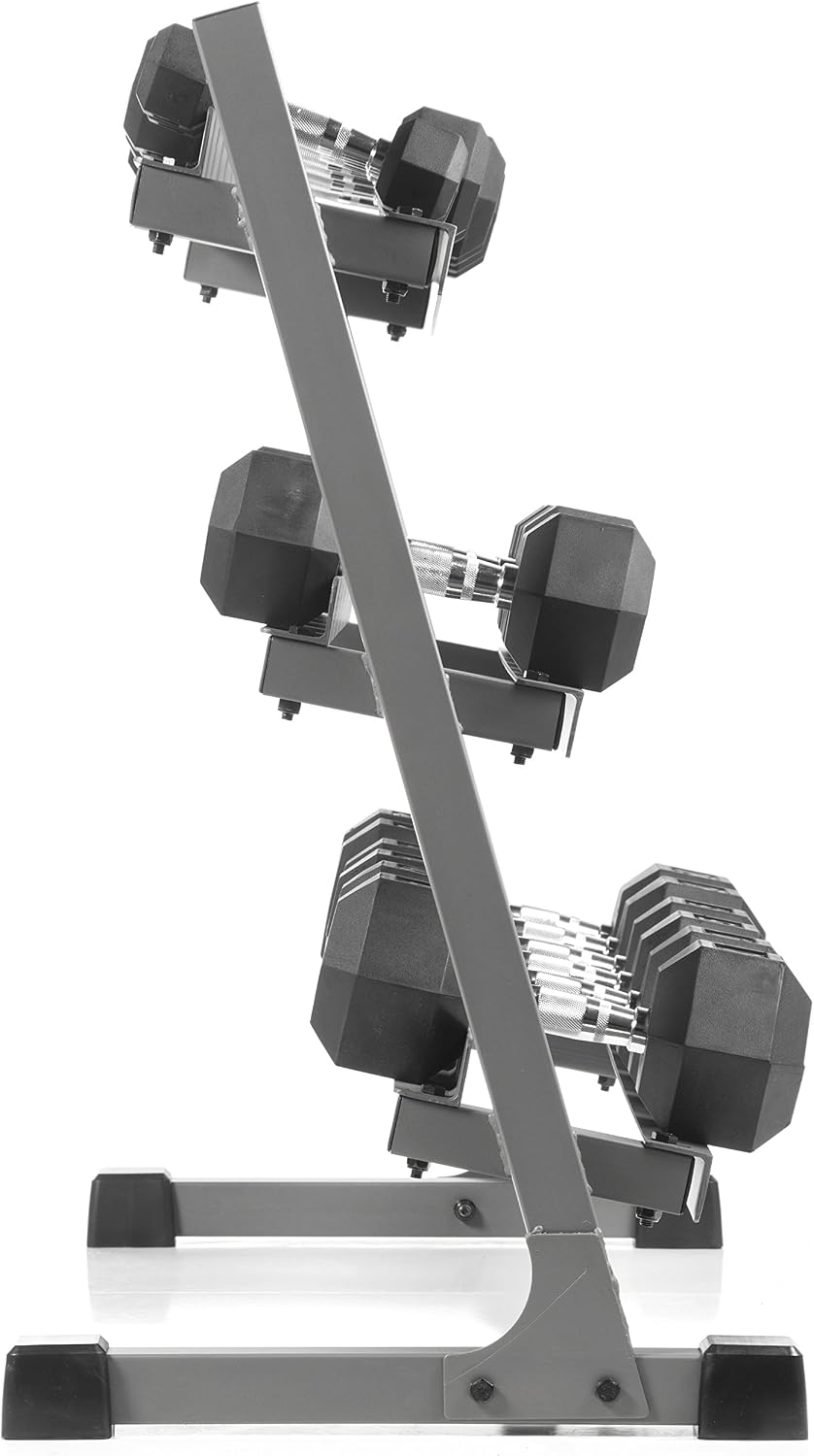 XMARK 3-Tier Dumbbells Weight Storage Rack, Holds 5-50 Pound Hex Dumbbells Weight Set (10 Pairs Capacity), Gray or Black