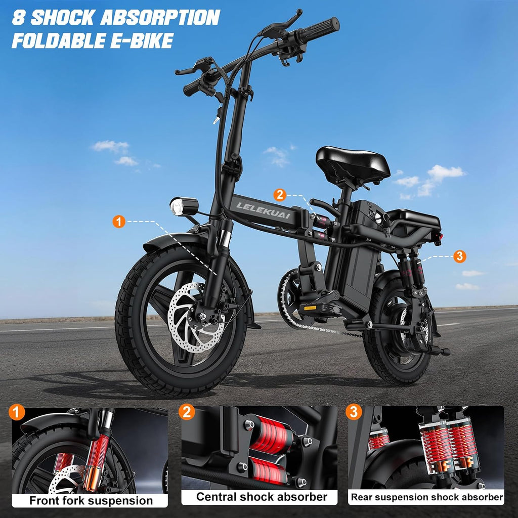 Heavy-Duty Foldable Electric Bike for Adults with 7 Shock Suspension, 500+ lbs Capacity, 740W Motor, 25MPH, 720Wh Battery, 20-Mile Range, 14' Fat Tires Commuter Bicycle for Road & Mountain Riding