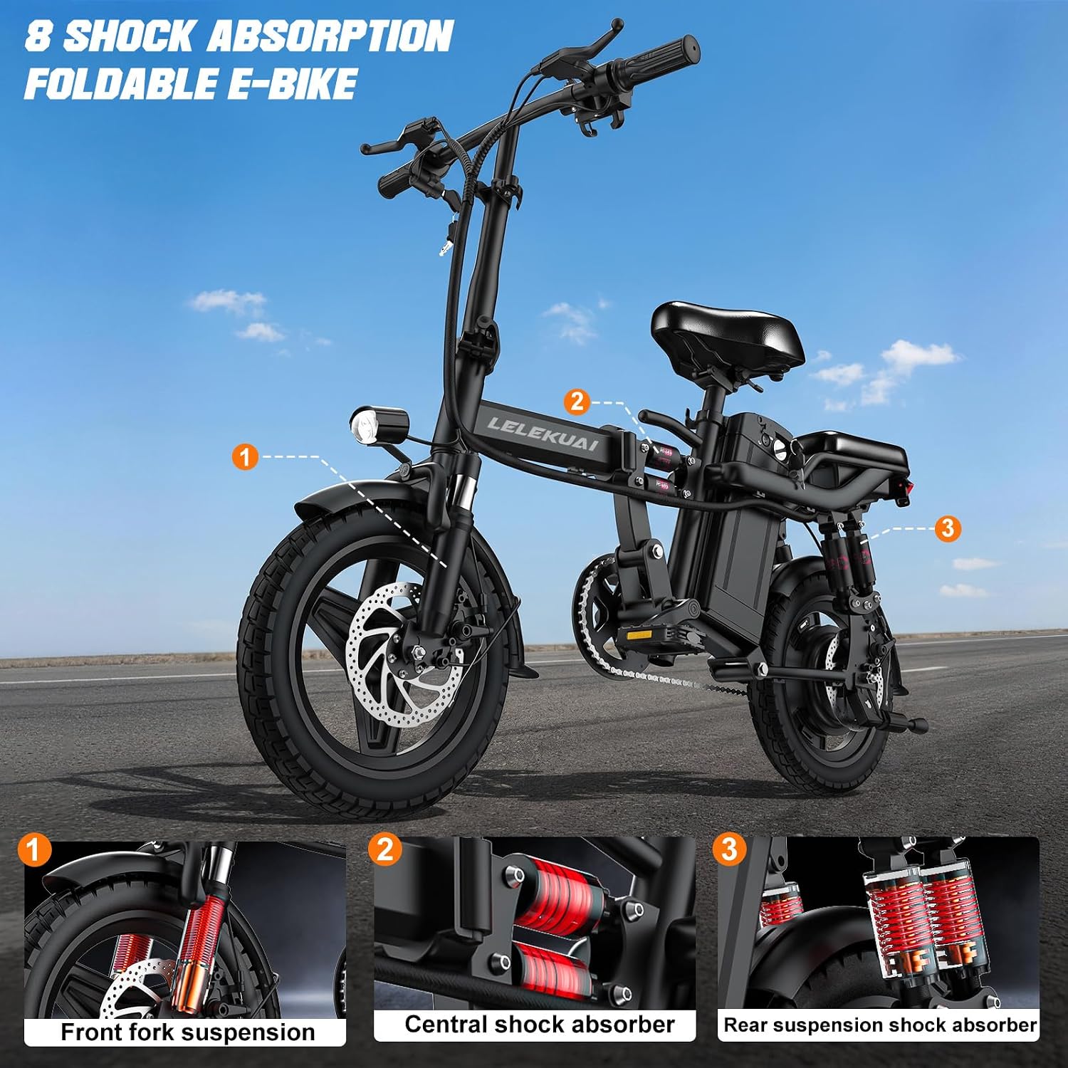 Heavy-Duty Foldable Electric Bike for Adults with 7 Shock Suspension, 500+ lbs Capacity, 740W Motor, 25MPH, 720Wh Battery, 20-Mile Range, 14' Fat Tires Commuter Bicycle for Road & Mountain Riding