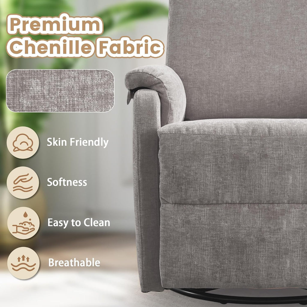 Korser Swivel Rocking Recliner with Massage, Small Glider Chair for Nursery, Modern-Designed Armrests Chair for Adults Living Room, Chenille, Grey