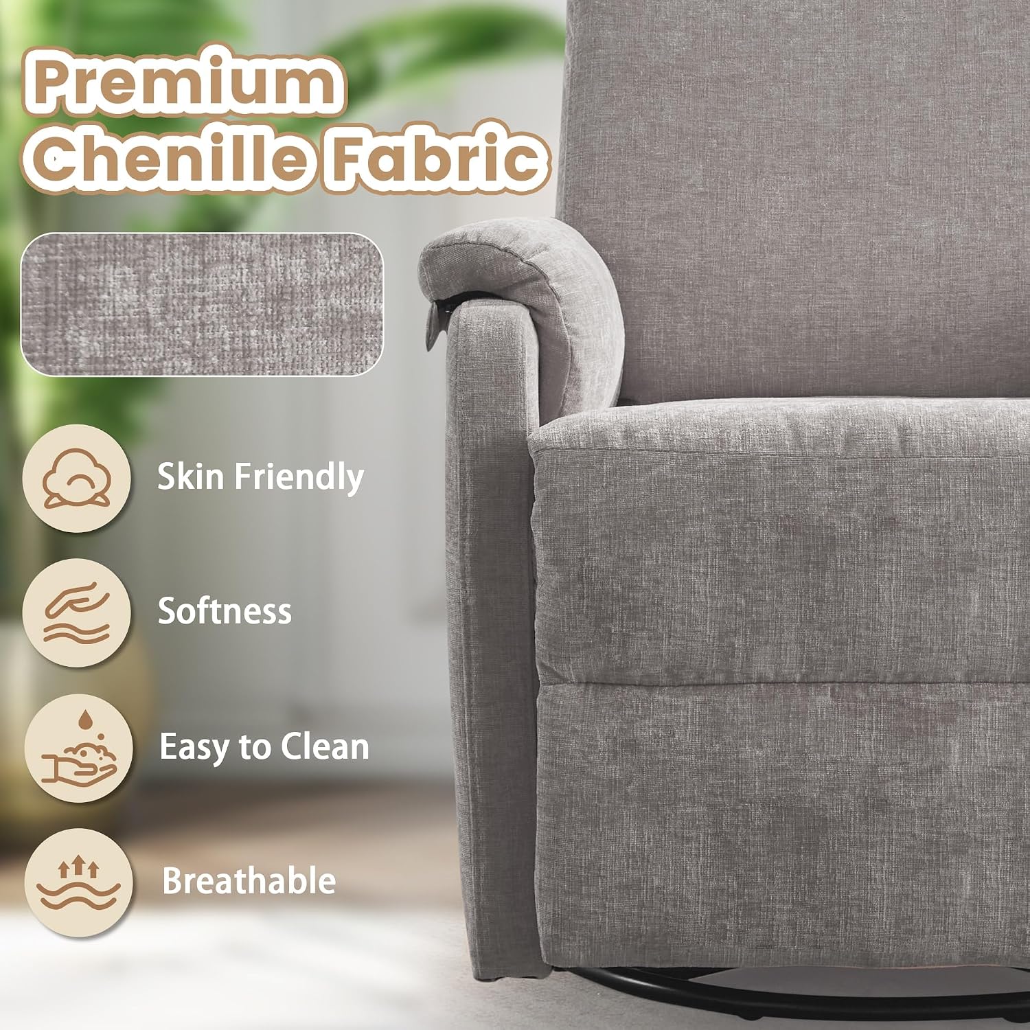 Korser Swivel Rocking Recliner with Massage, Small Glider Chair for Nursery, Modern-Designed Armrests Chair for Adults Living Room, Chenille, Grey