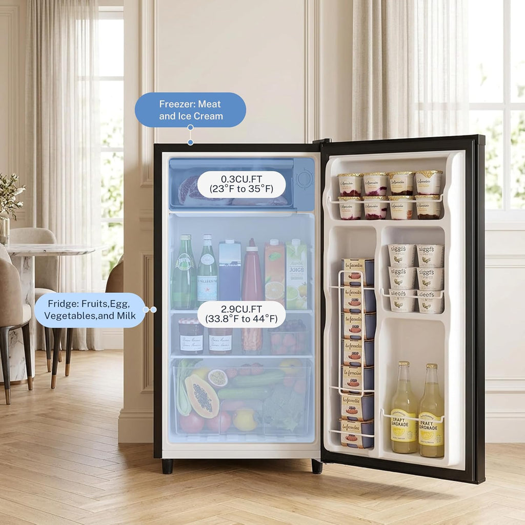 3.2 Cu.Ft Mini Fridge with Freezer, 1 Door Small Refrigerator with Adjustable Thermostat Energy-efficient Low Noise, Compact Fridge for Bedroom, Office, Dorm, Black