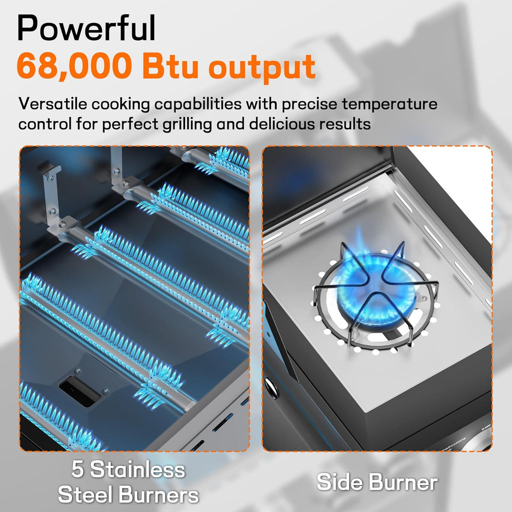 Veralune 5 Burner Gas Grill with Side Burner, Stainless Steel Propane Grill with Porcelain-Enameled Grills, Built-In Thermometer, 68000BTU BBQ Grill for Patio, Backyard, Garden Cooking