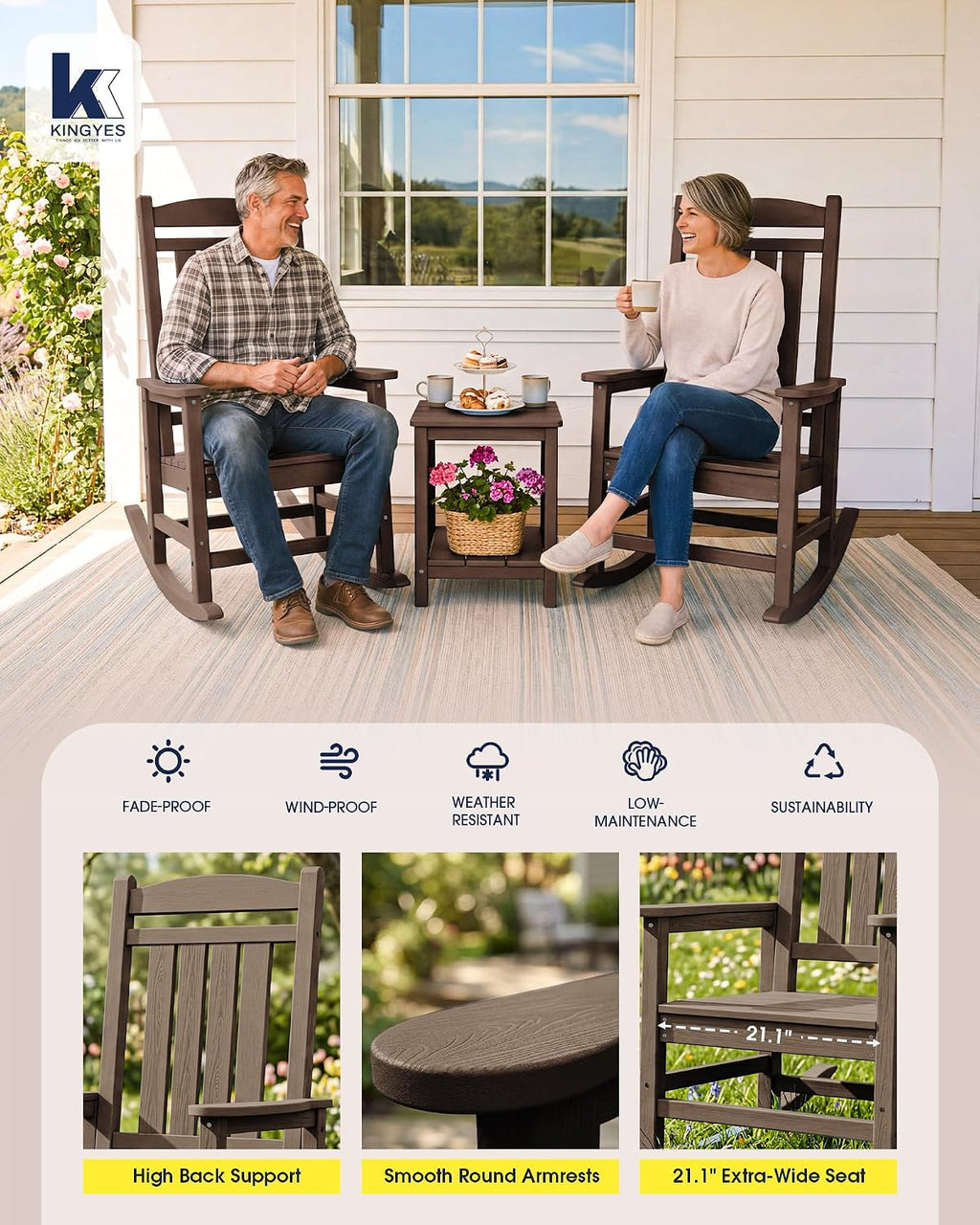KINGYES Oversized Outdoor Rocking Chair Set 2, All Weather HDPE Patio Rocking Chairs for Adults, Coffee Brown