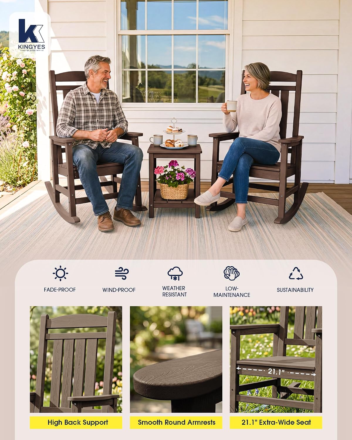 KINGYES Oversized Outdoor Rocking Chair Set 2, All Weather HDPE Patio Rocking Chairs for Adults, Coffee Brown