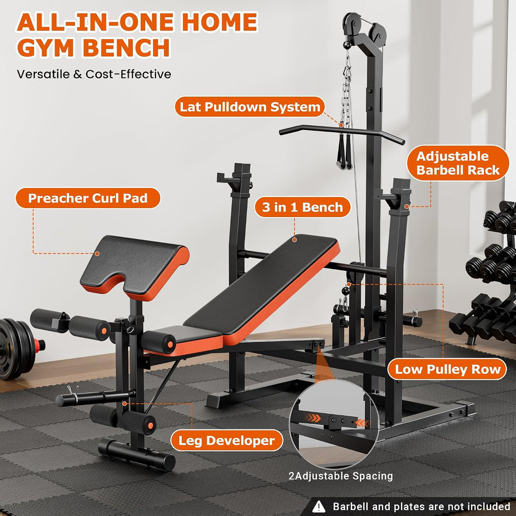 9-in-1 Adjustable Olympic Weight Bench with Lat Pulldown, Row, Squat Rack & Leg Curl – Multi-Function Strength Training Bench Press for Home Gym Full Body Workout