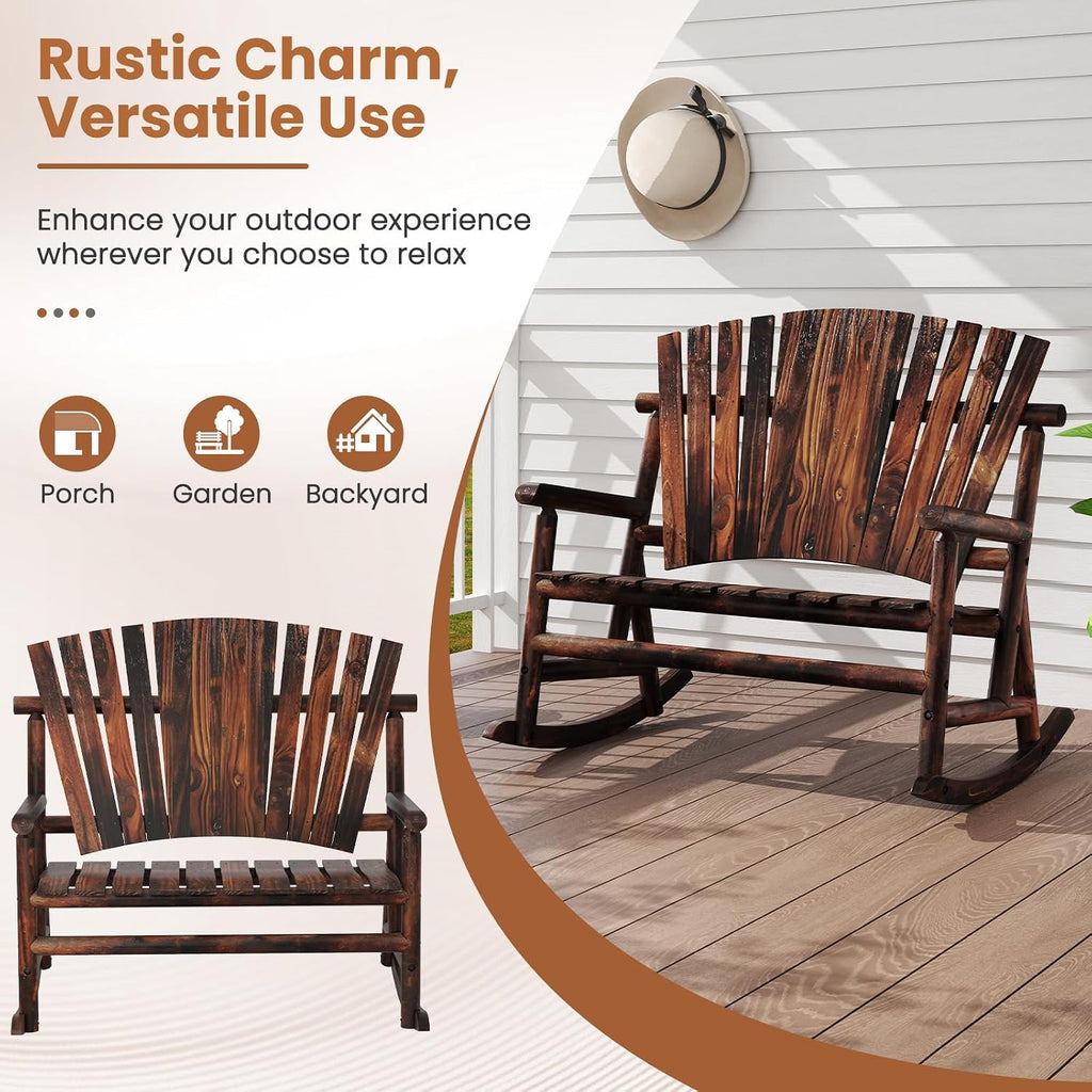Tangkula 2-Person Wood Outdoor Rocking Chair, Outside Adirondack Rocker with High Back and Slatted Seat, Oversized Porch Rocking Chair for Balcony, Garden, Backyard, Patio