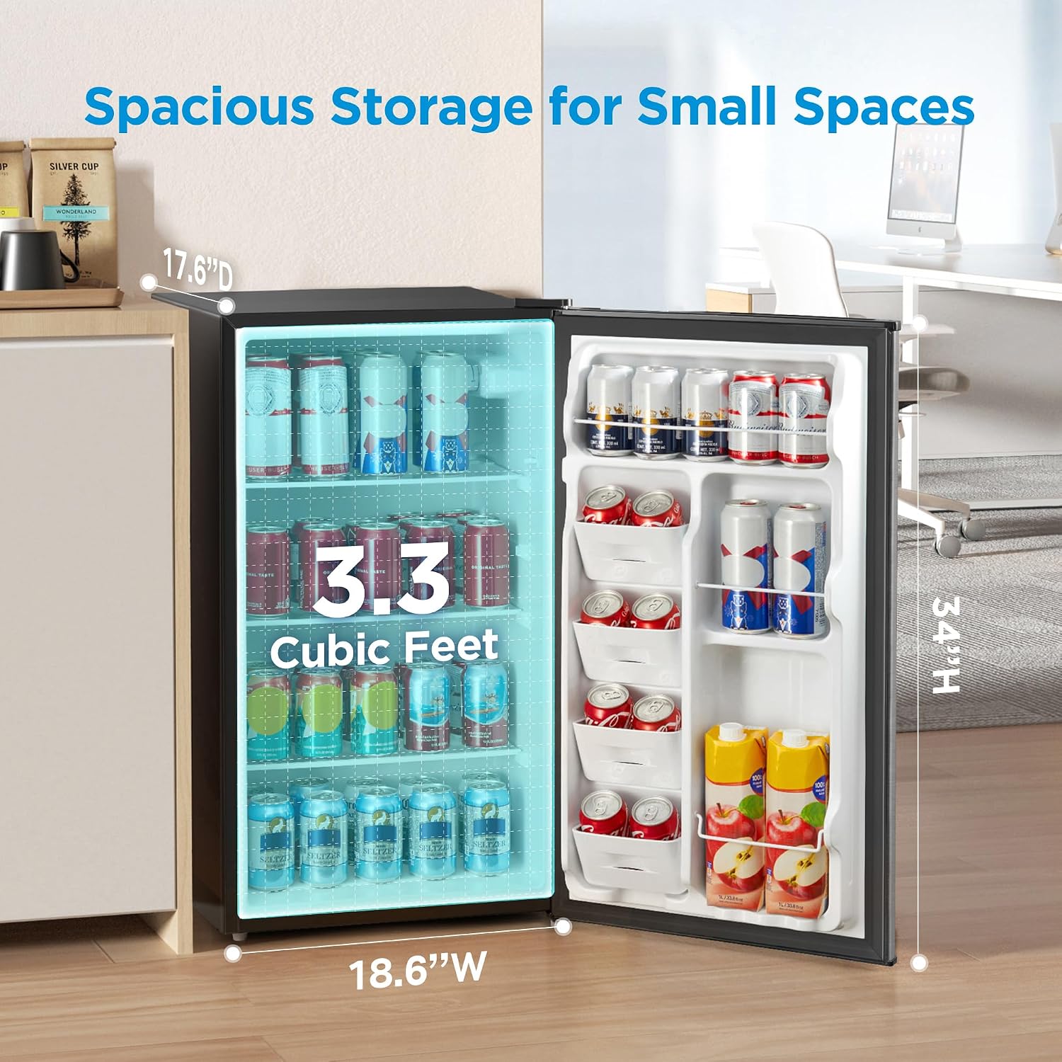 Midea MERM33S1AST Mini Fridge, 3.3 Cu.ft Compact Fridge with Internal Light, Adjustable Thermostat, Reversible Door, Low Noise for Dorm, Office, Bedroom, Stainless Steel