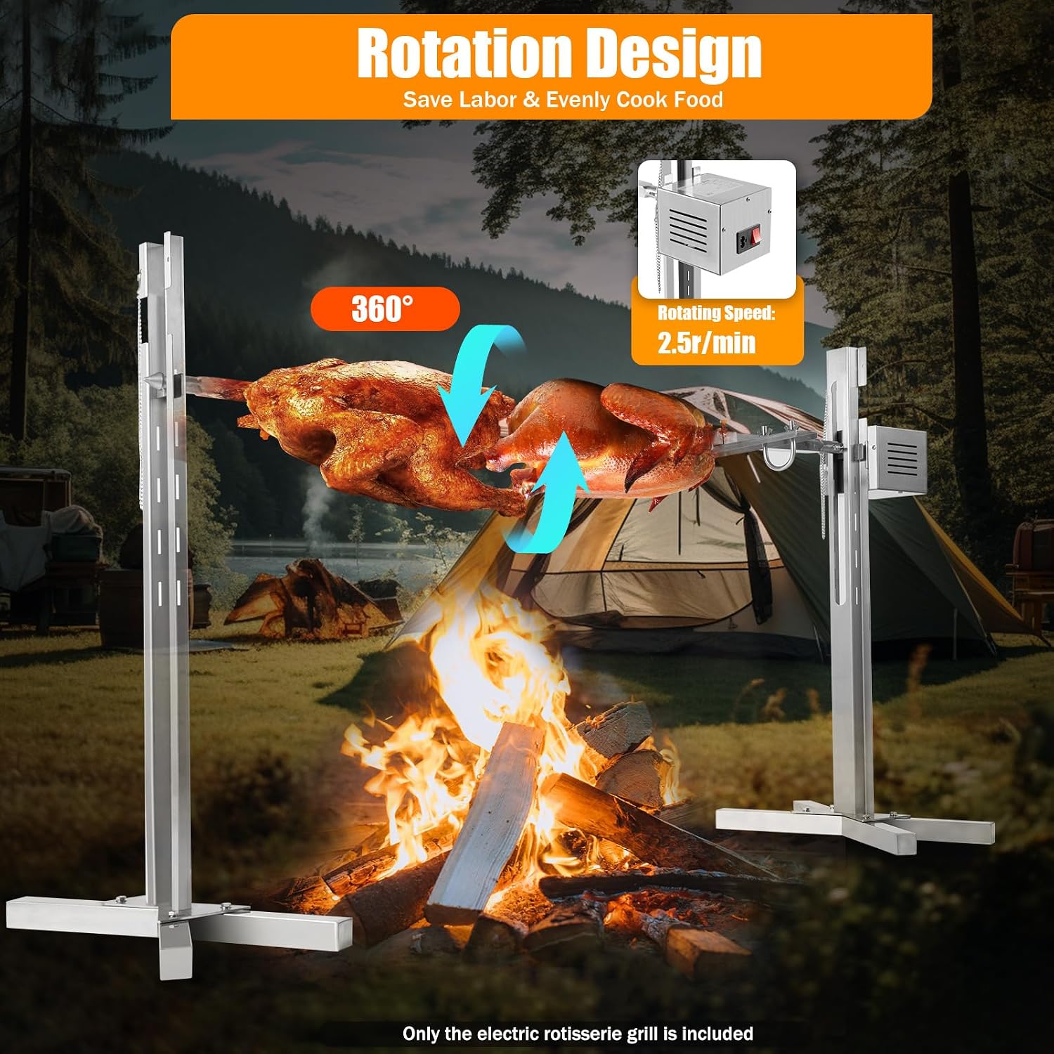 53in Outdoor Electric Rotisserie Grill Kit,Rotatable Motor BBQ Rotisserie Kit,Cooker Grill Camping Spit Grill Roaster for Pig Rotisserie Hog Lamb,Height Adjustable