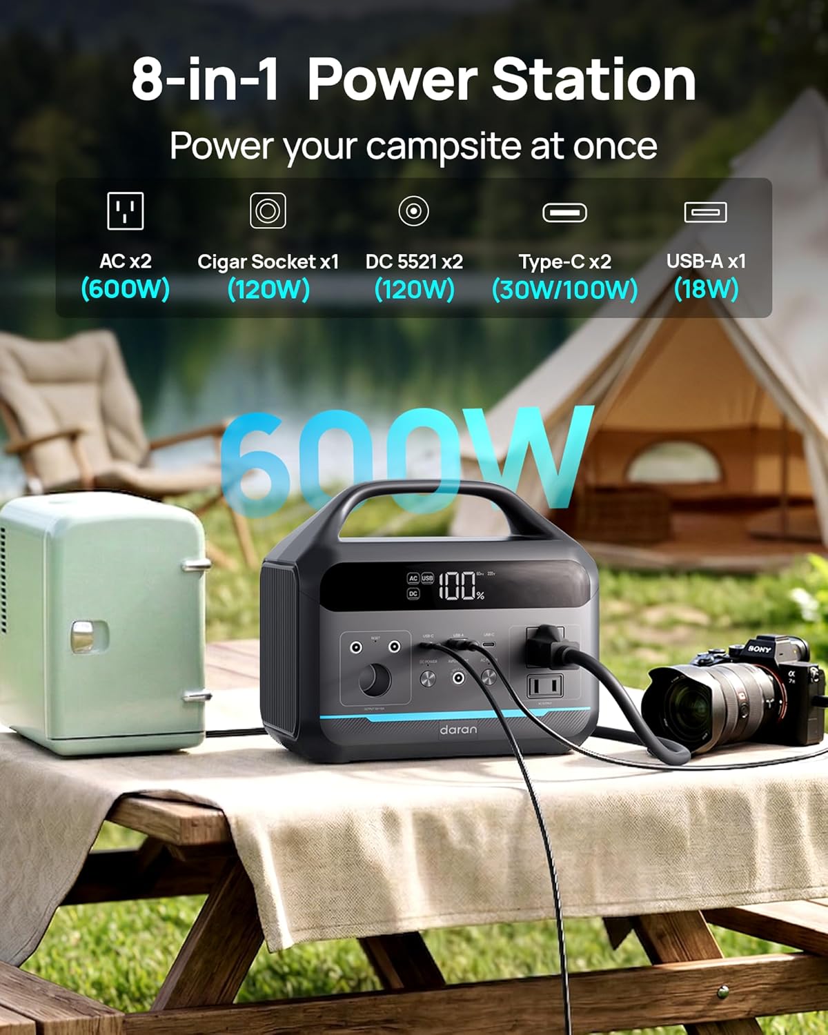 DARAN Portable Power Station 600W with 80W Solar Panel, 288Wh LiFePO4 Solar Generator, Dual AC Outlets, 100W USB-C PD, Fast Recharge for Camping, RV, Power Outage, Emergency Backup