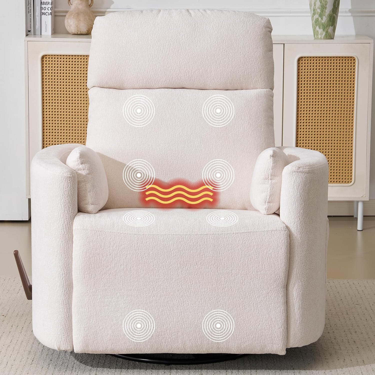 Oversized Swivel Recliner Chair with Massage and Heat, Rocking Chair Nursery with Adjustable Headrest, Rocking Chair Nursery Glider Chairs with 2 Pillows, Glider Rocker Recliner, White