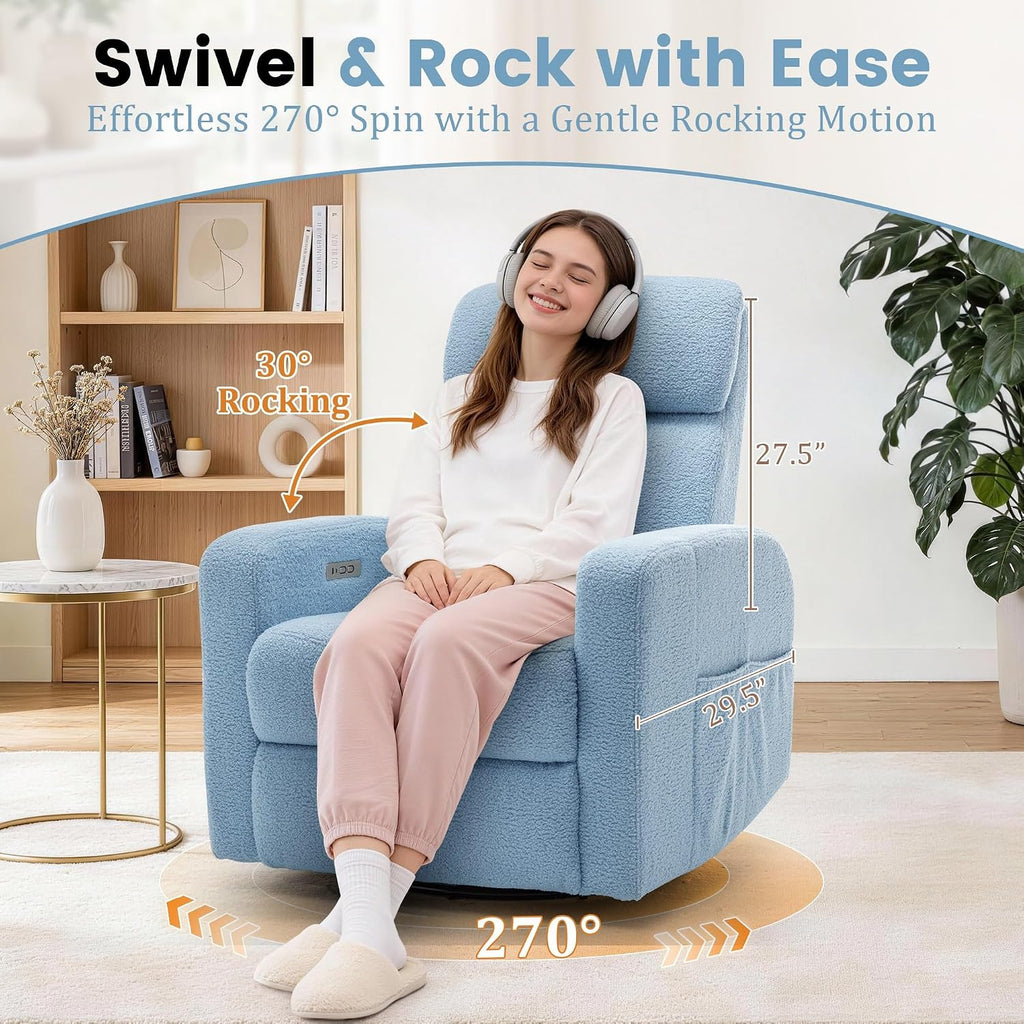 Korser Power Swivel Recliner Chairs for Adults, Electric Glider Rocking Chair Nursery, Glider Recliner Nursery Chair with Classified Side Pocket, Nursery Rocking Chairs with USB and Type-C Ports
