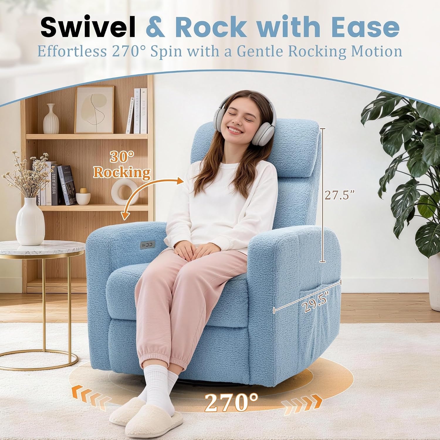 Korser Power Swivel Recliner Chairs for Adults, Electric Glider Rocking Chair Nursery, Glider Recliner Nursery Chair with Classified Side Pocket, Nursery Rocking Chairs with USB and Type-C Ports