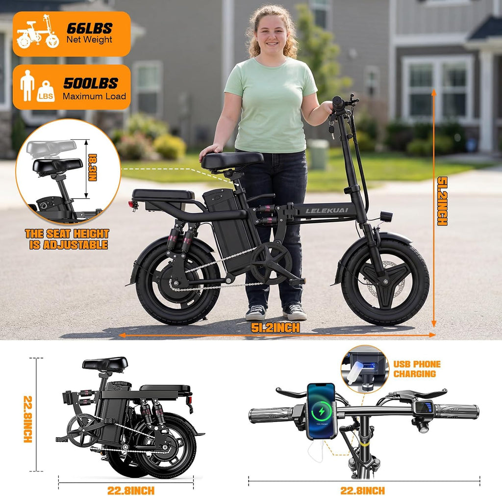 Heavy-Duty Foldable Electric Bike for Adults with 7 Shock Suspension, 500+ lbs Capacity, 740W Motor, 25MPH, 720Wh Battery, 20-Mile Range, 14' Fat Tires Commuter Bicycle for Road & Mountain Riding