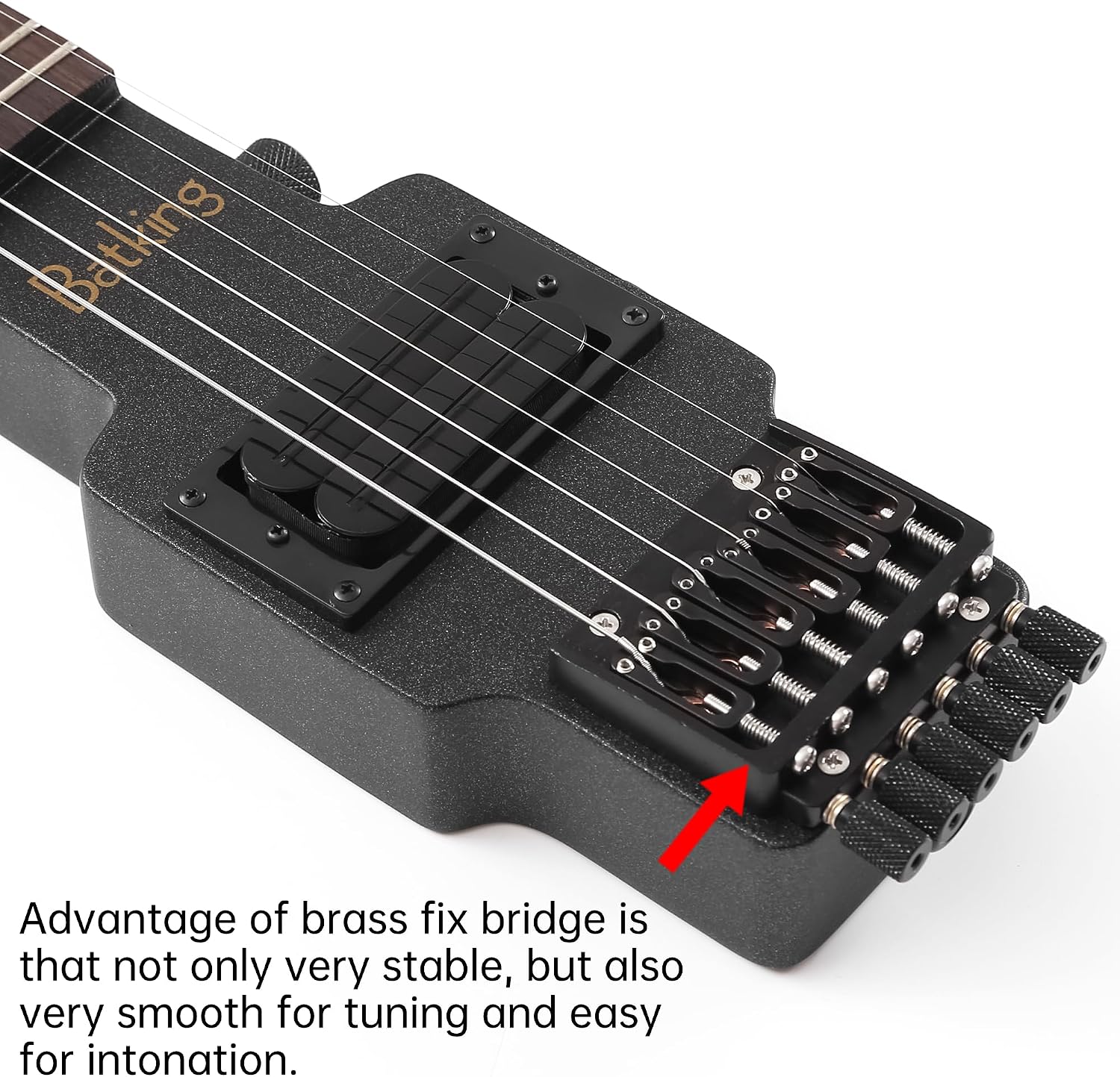Batking Travel Guitar Electric, Headless Guitar 6 Strings One-piece Canada Maple Neck Through Body Design Brass Fix Bridge with Gigbag