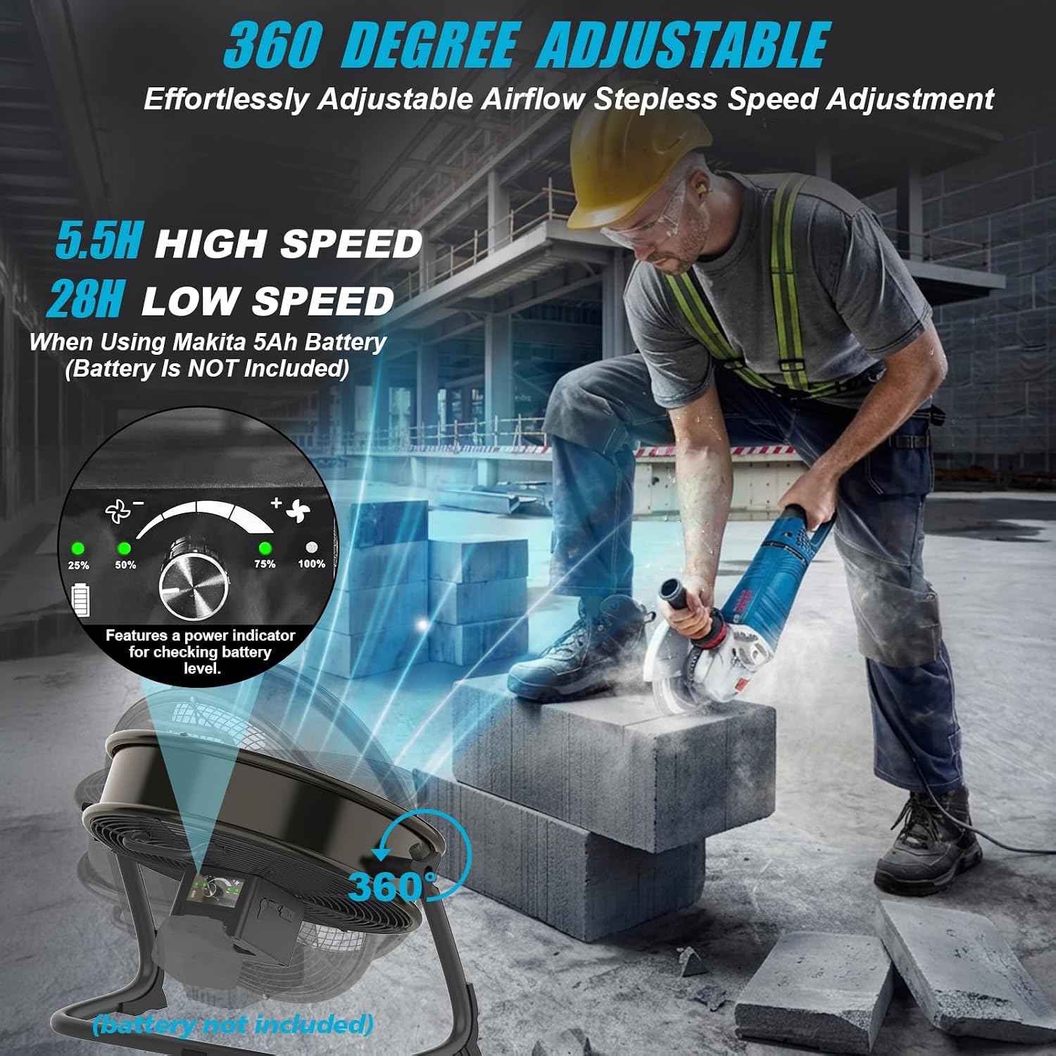 16' Battery Operated Floor Fan Compatible with Makita 18V Battery, Portable Fan with AC Adapter and USB Output, Metal Industrial High Velocity, Stepless Speed Cordless Fan for Jobsite Garage Camping