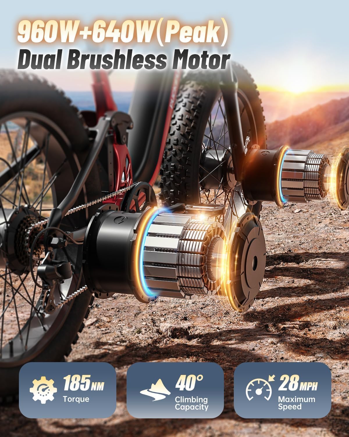 PUCKIPUPPY Dual Motor Electric Bike for Adults 1600W, Full Suspension Dual Hydraulic Disc Brake 26' Fat Tire E Bike, 48V 20AH Battery,8 Speed,28MPH 80Miles Range Mountain Electric Bicycle, GoldenR Pro